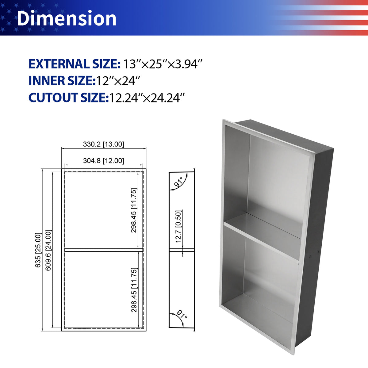 RAINLEX 13" x 25" Stainless Steel Double Shelf Recessed Shower Niche