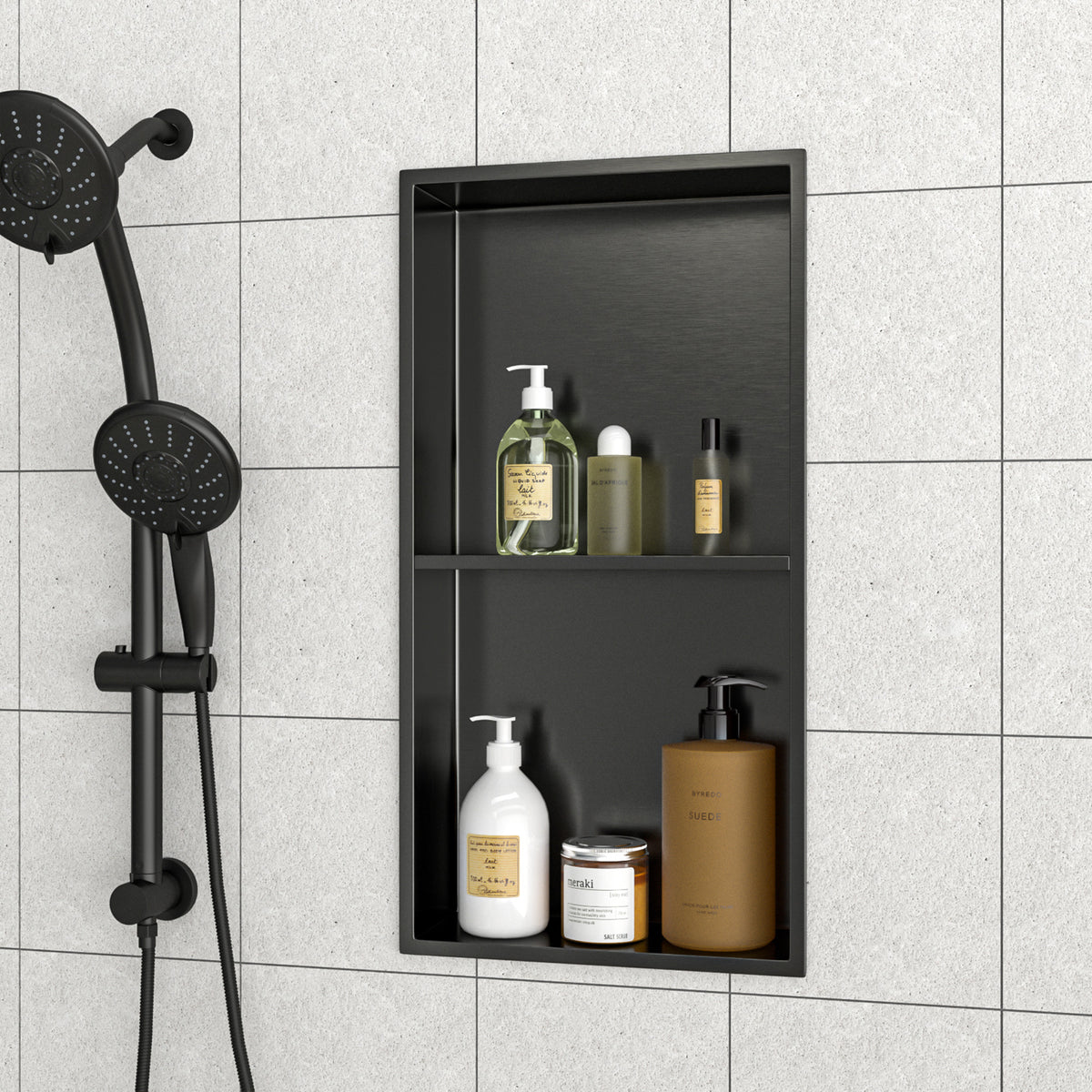 RAINLEX 13" x 25" Stainless Steel Double Shelf Recessed Shower Niche