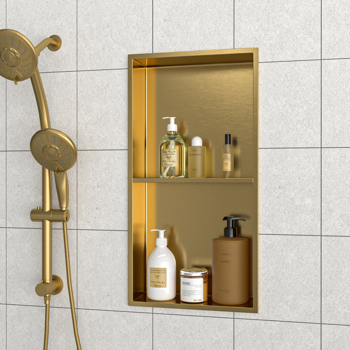 RAINLEX 13" x 25" Stainless Steel Double Shelf Recessed Shower Niche