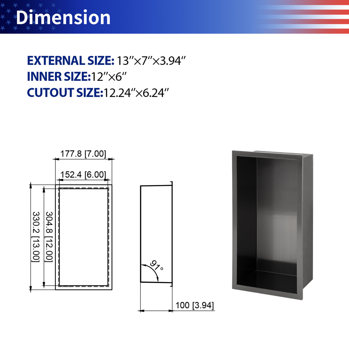 RAINLEX 7" x 13" Stainless Steel Recessed Shower Niche in Gunmetal
