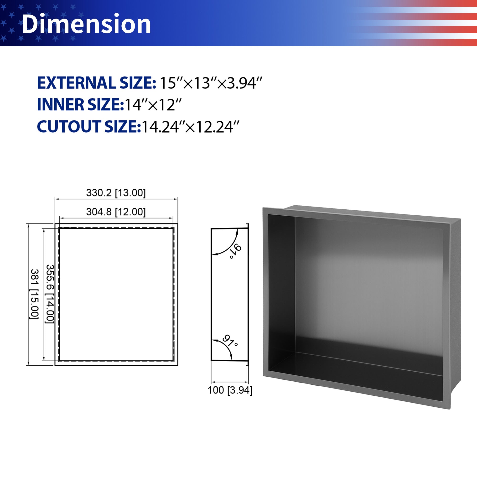 15" x 13" Stainless Steel Recessed Shower Niche