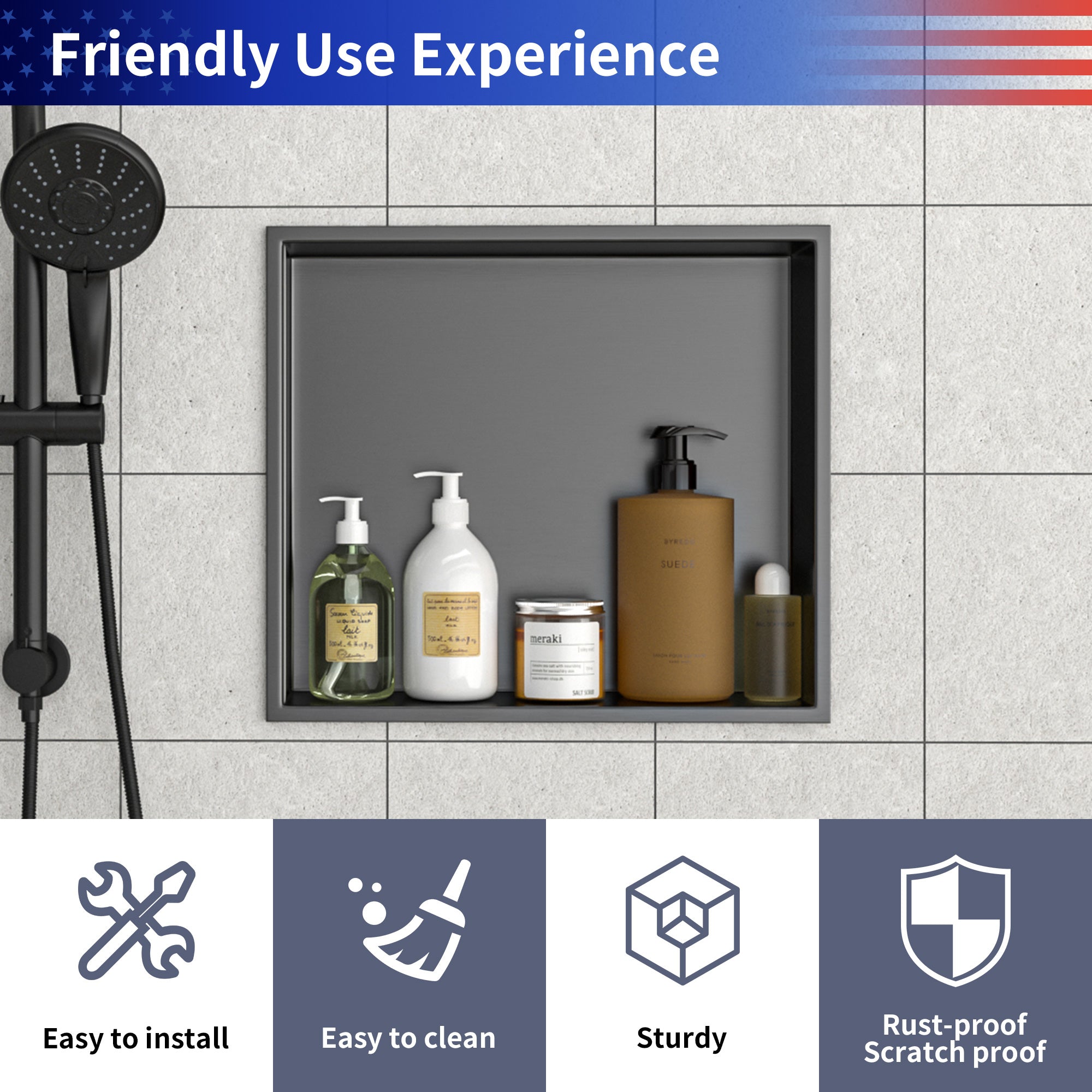 17" x 15" Stainless Steel Recessed Shower Niche, Gunmetal