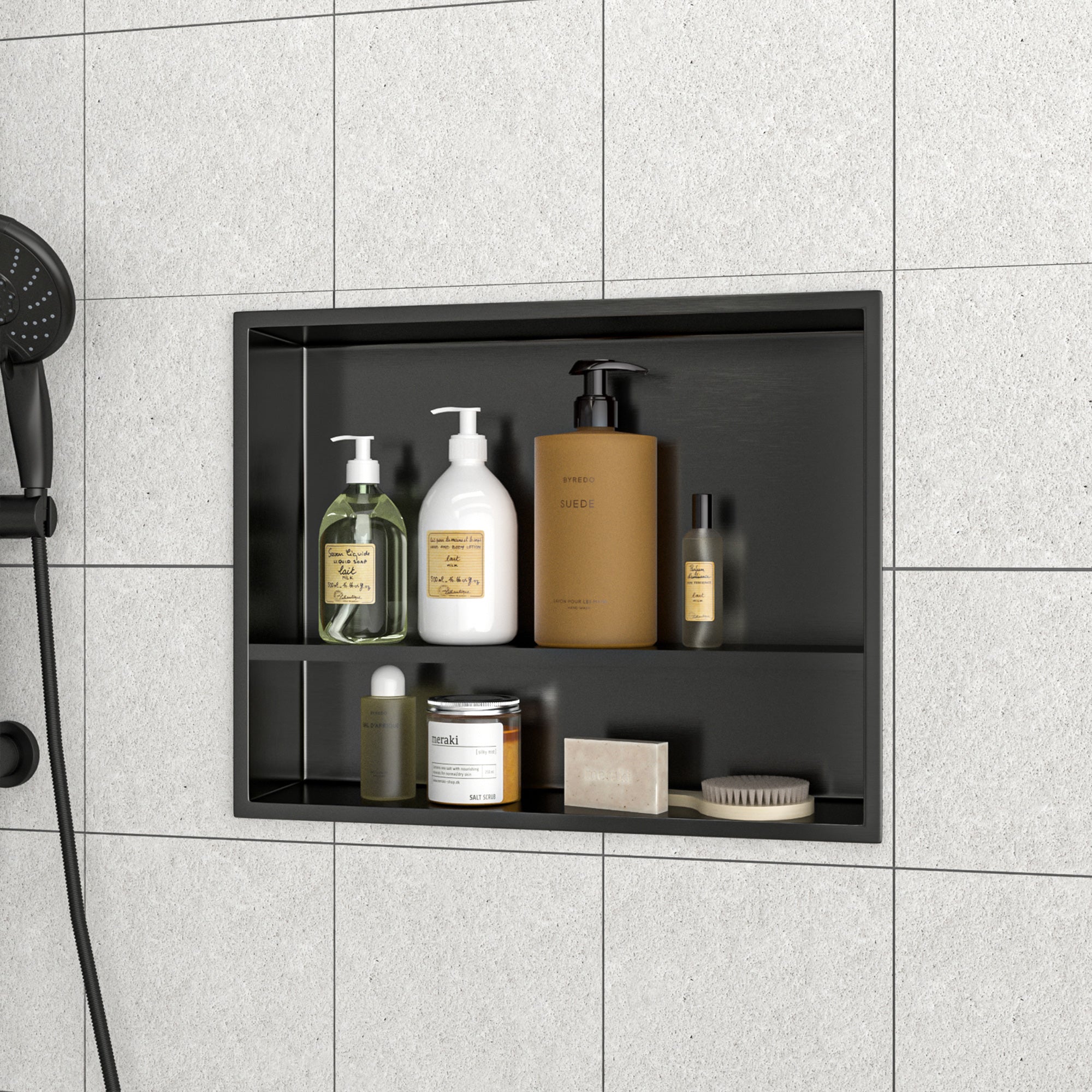 19" x 15" Stainless Steel Double Shelf Recessed Shower Niche, Gunmetal