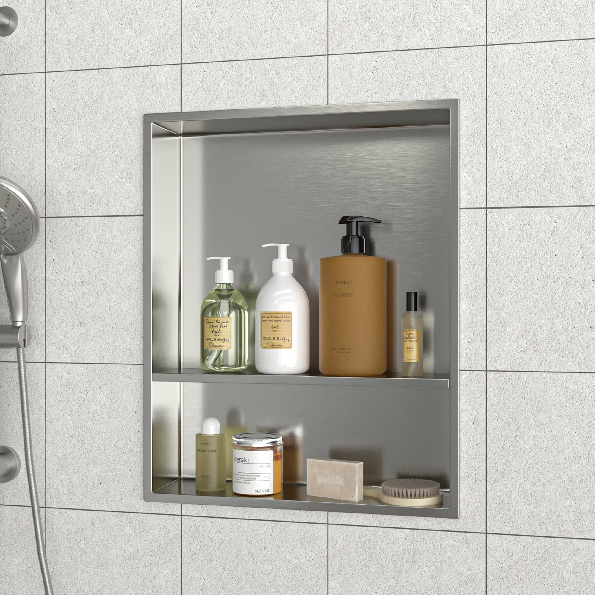 17" x 21" Stainless Steel Double Shelf Recessed Shower Niche