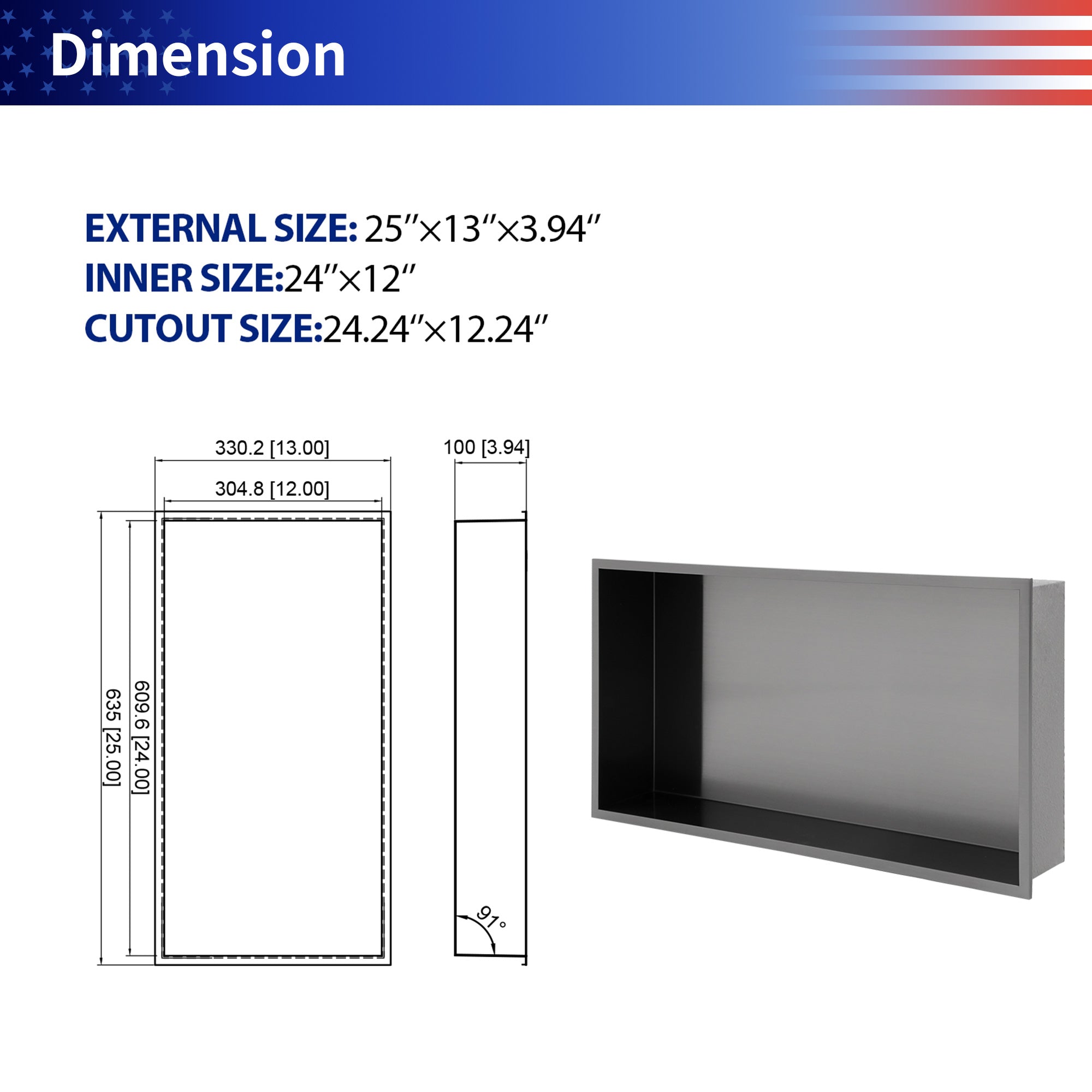 25" x 13" Stainless Steel Recessed Shower Niche