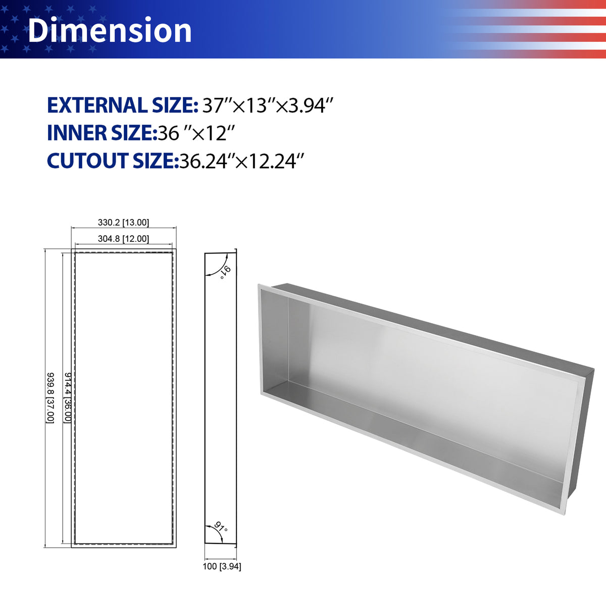37" x 13" Stainless Steel Recessed Shower Niche