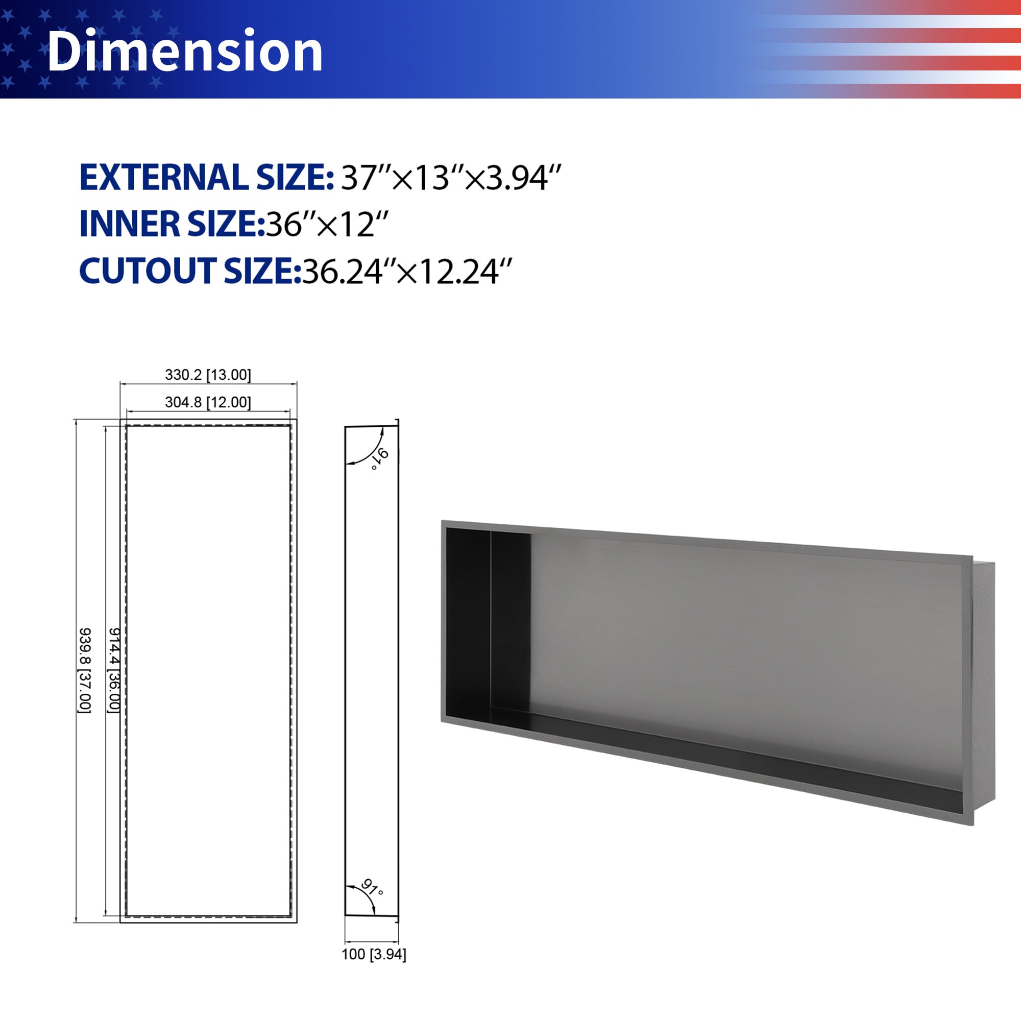 37" x 13" Stainless Steel Recessed Shower Niche