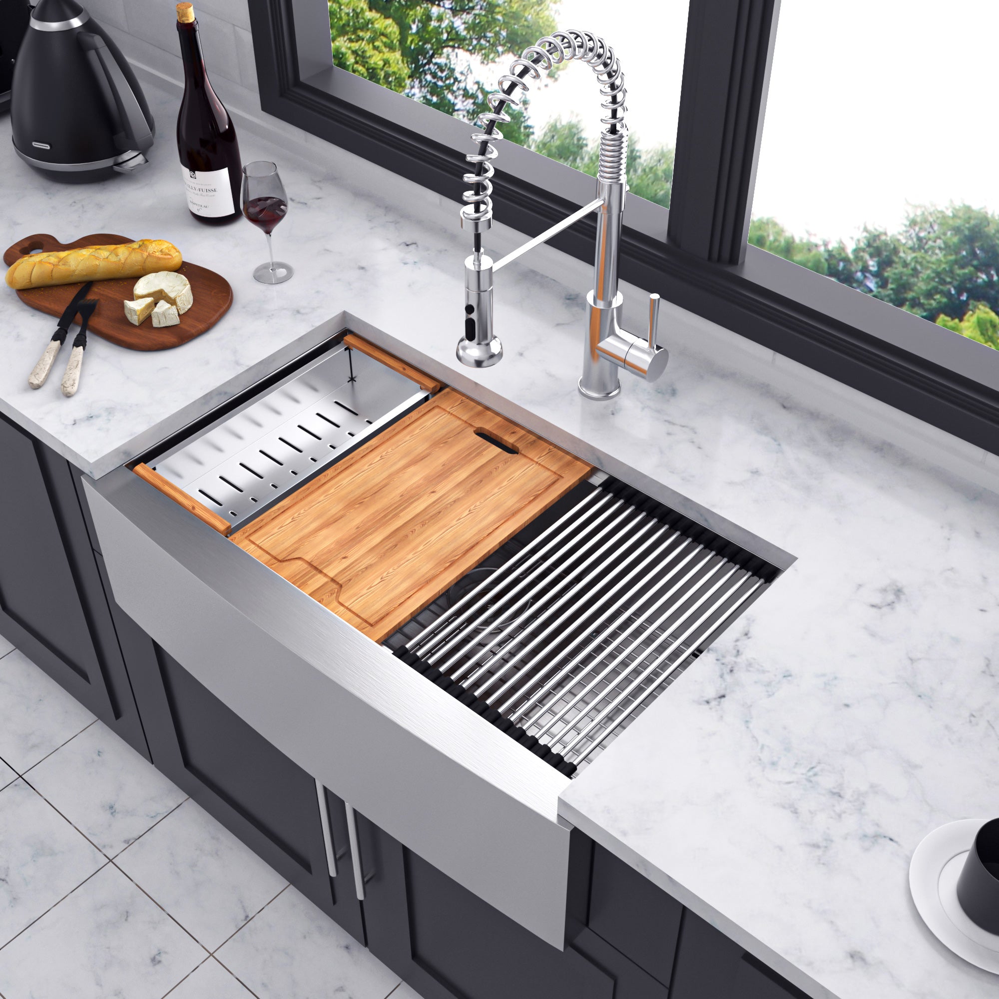 Farmhouse Apron-Front Single Bowl Workstation Sink, Stainless Steel (SS05)