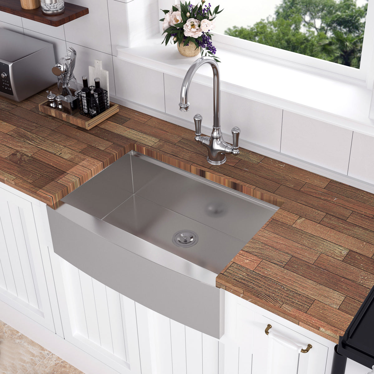 Évier de cuisine simple en acier inoxydable avec tablier Farmhouse et poste de travail RX-SS07