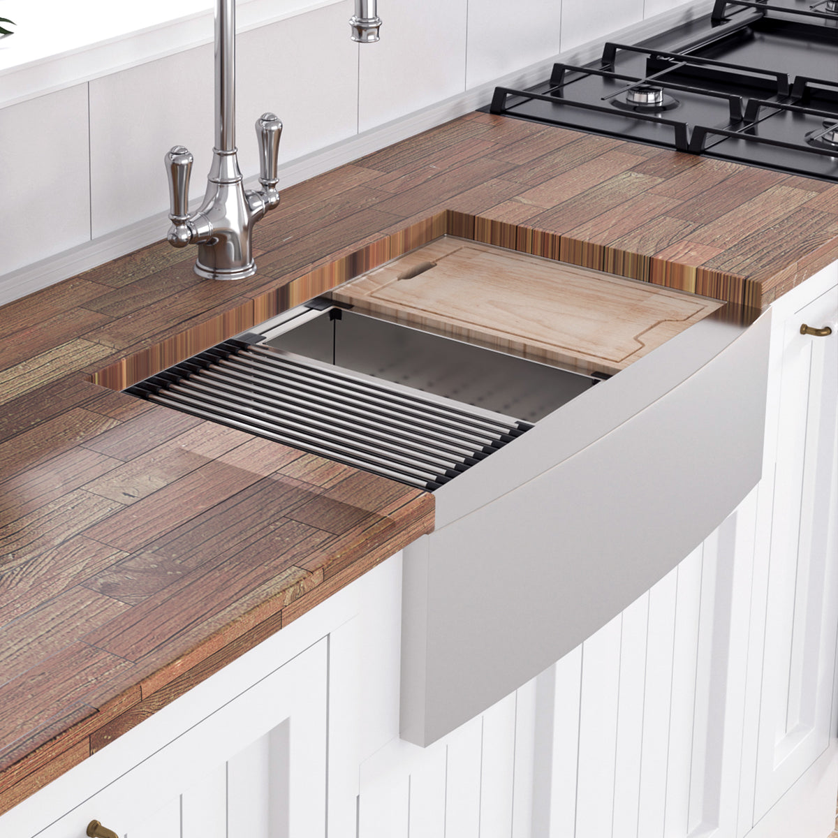Évier de cuisine simple en acier inoxydable avec tablier Farmhouse et poste de travail RX-SS07