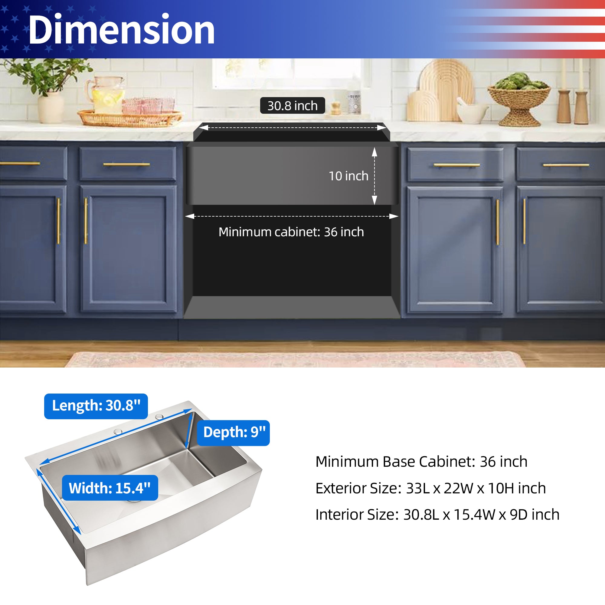 Farmhouse Apron-Front Single Bowl Kitchen Sink, Stainless Steel RX-SS08-3322