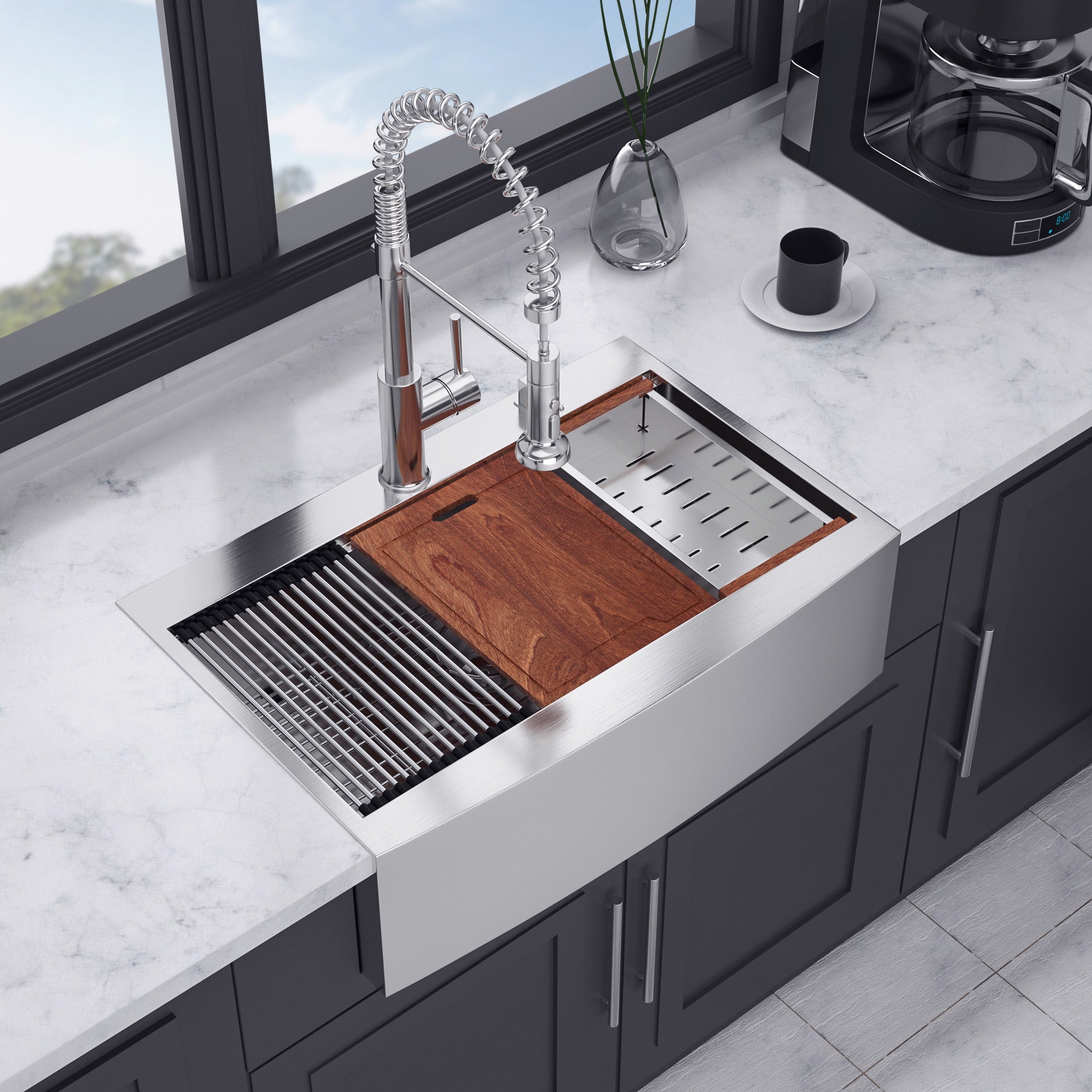 Farmhouse Apron-Front Single Bowl Workstation Sink, Stainless Steel