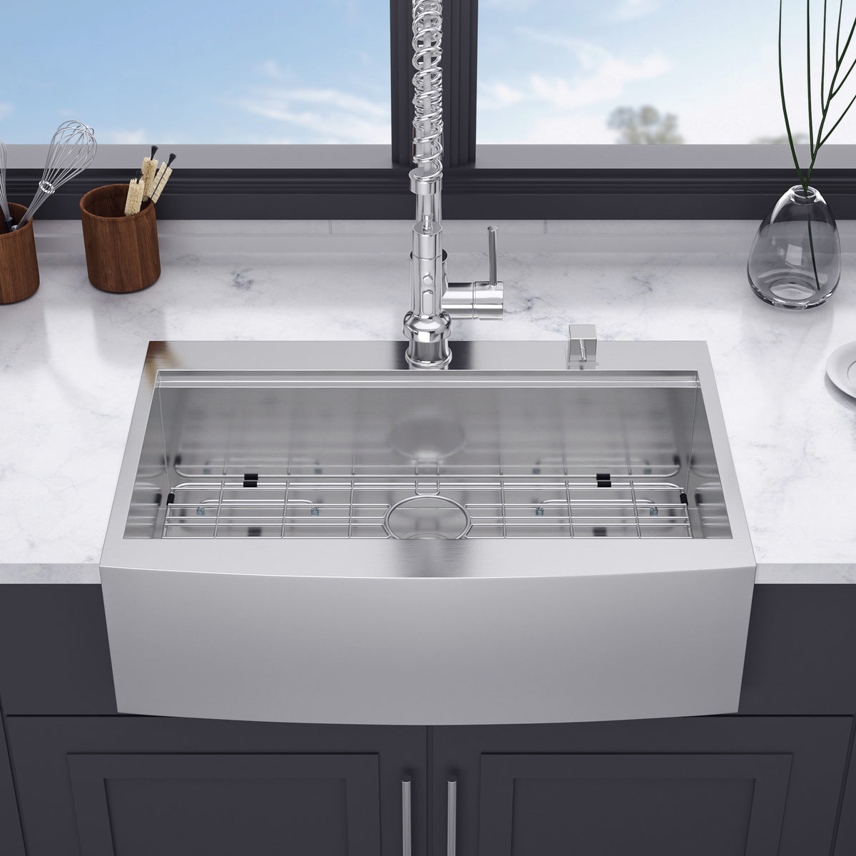 RAINLEX Farmhouse Apron-Front Single Bowl Workstation Sink in Stainless Steel