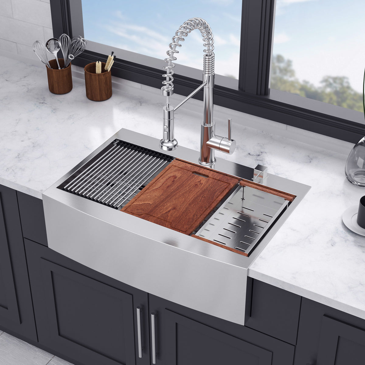RAINLEX Farmhouse Apron-Front Single Bowl Workstation Sink in Stainless Steel