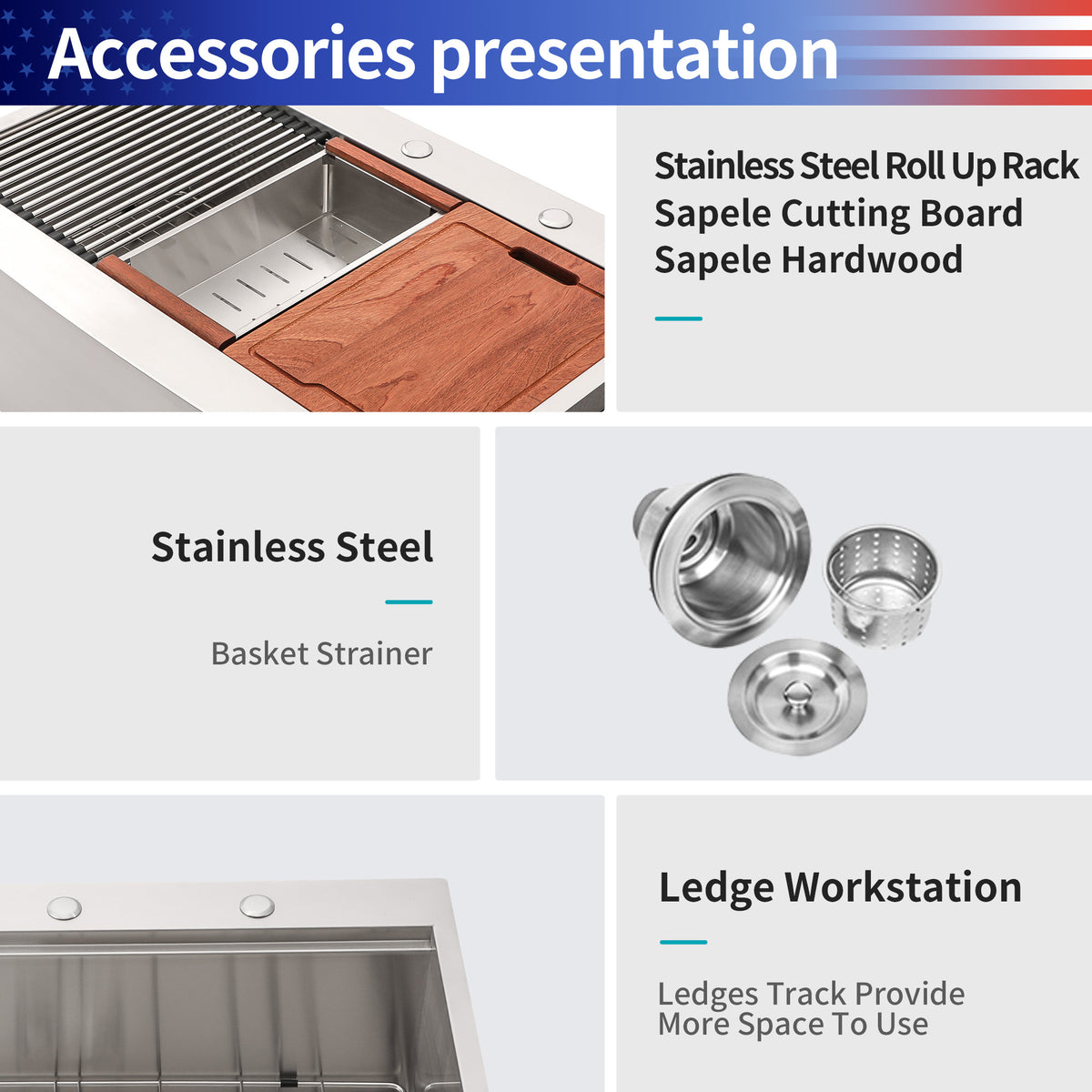 RAINLEX Farmhouse Apron-Front Single Bowl Workstation Sink in Stainless Steel