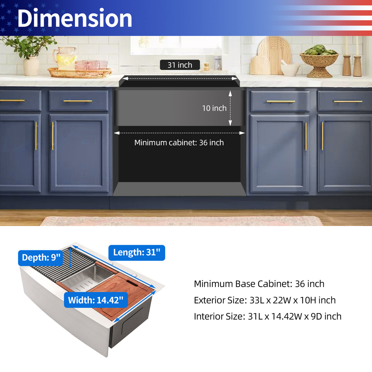 RAINLEX Farmhouse Apron-Front Single Bowl Workstation Sink in Stainless Steel