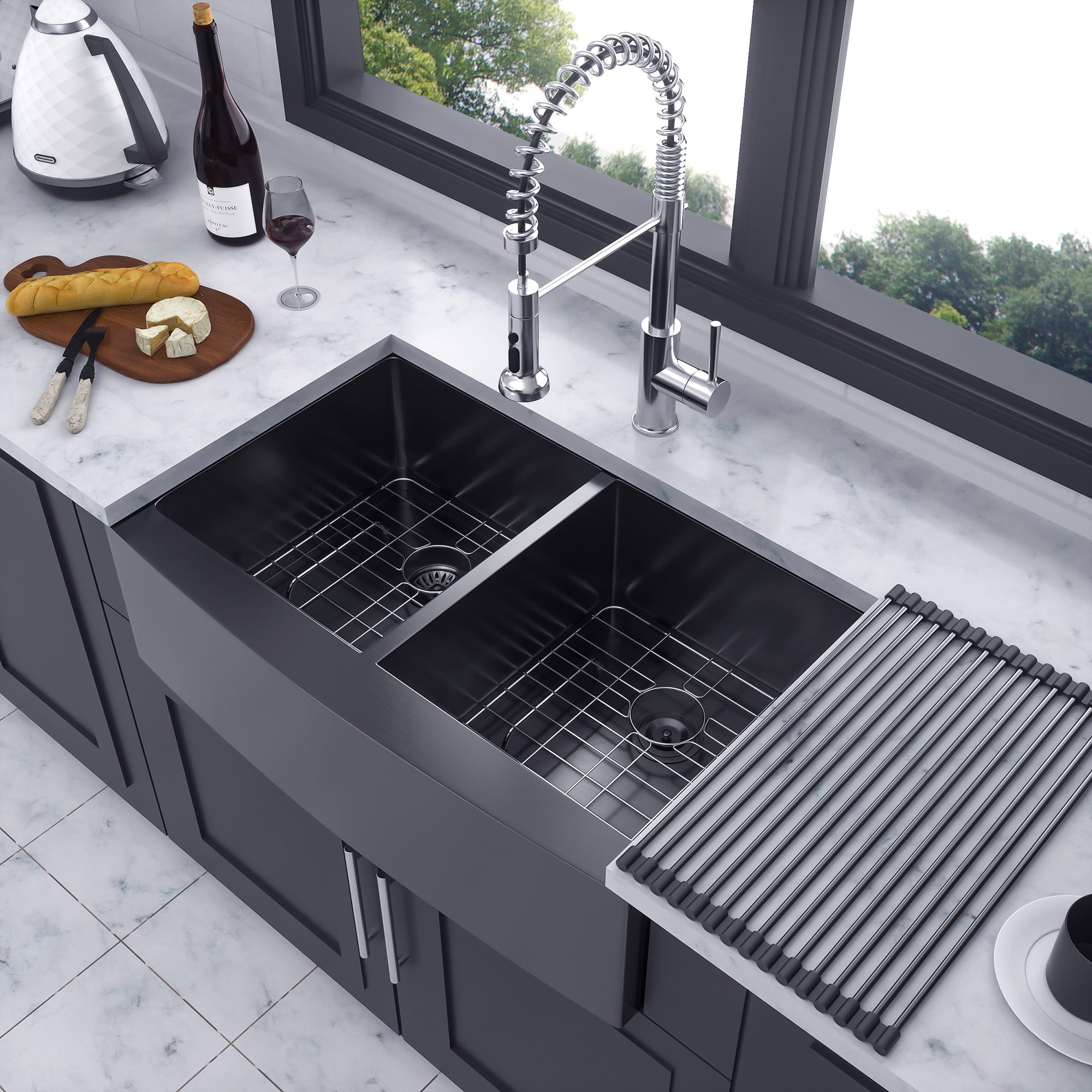 Farmhouse Apron Double Bowl Stainless Steel Kitchen Sink in Matte Black RX-SS11