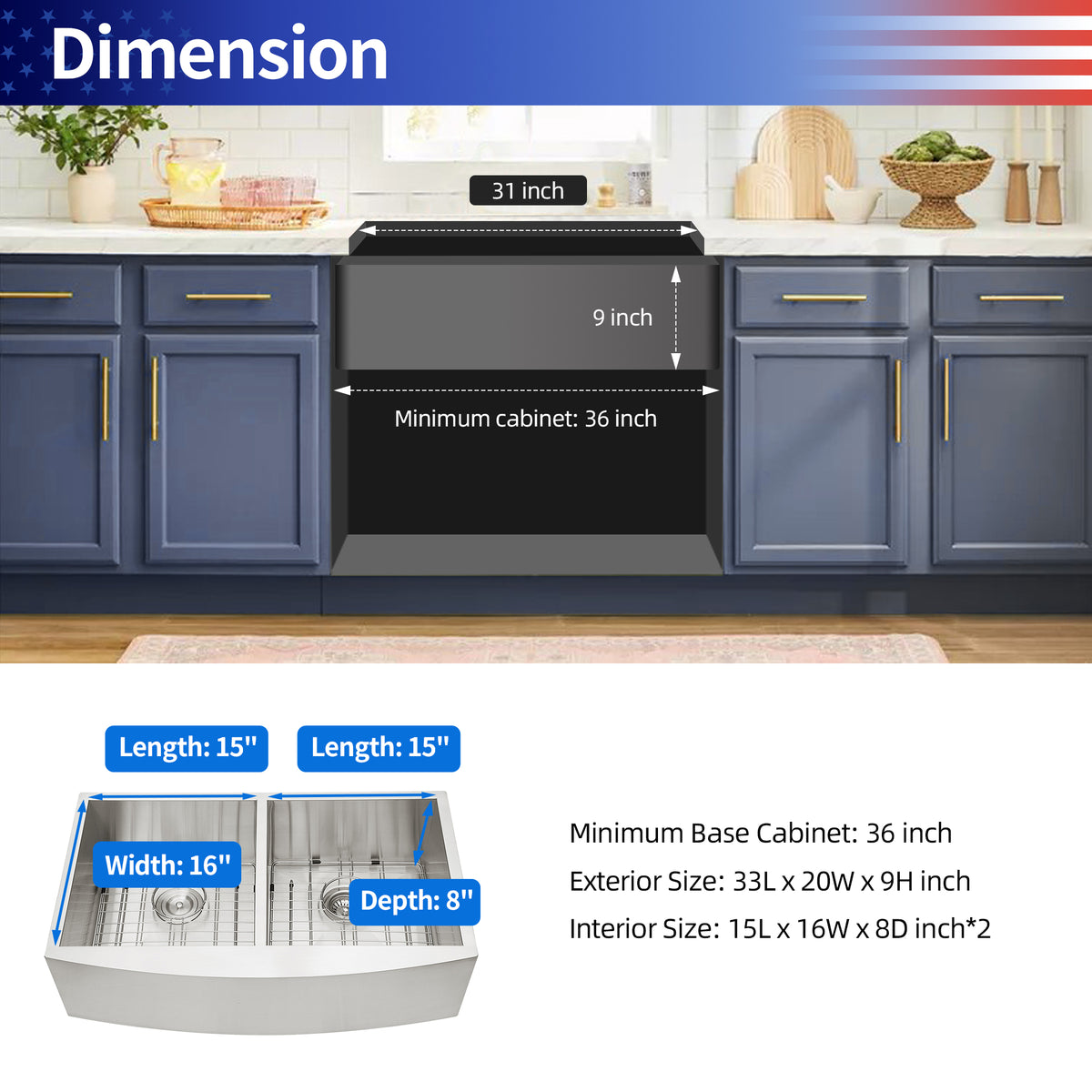 RAINLEX Farmhouse Apron-Front Double Bowl Kitchen Sink in Stainless Steel (SS12)