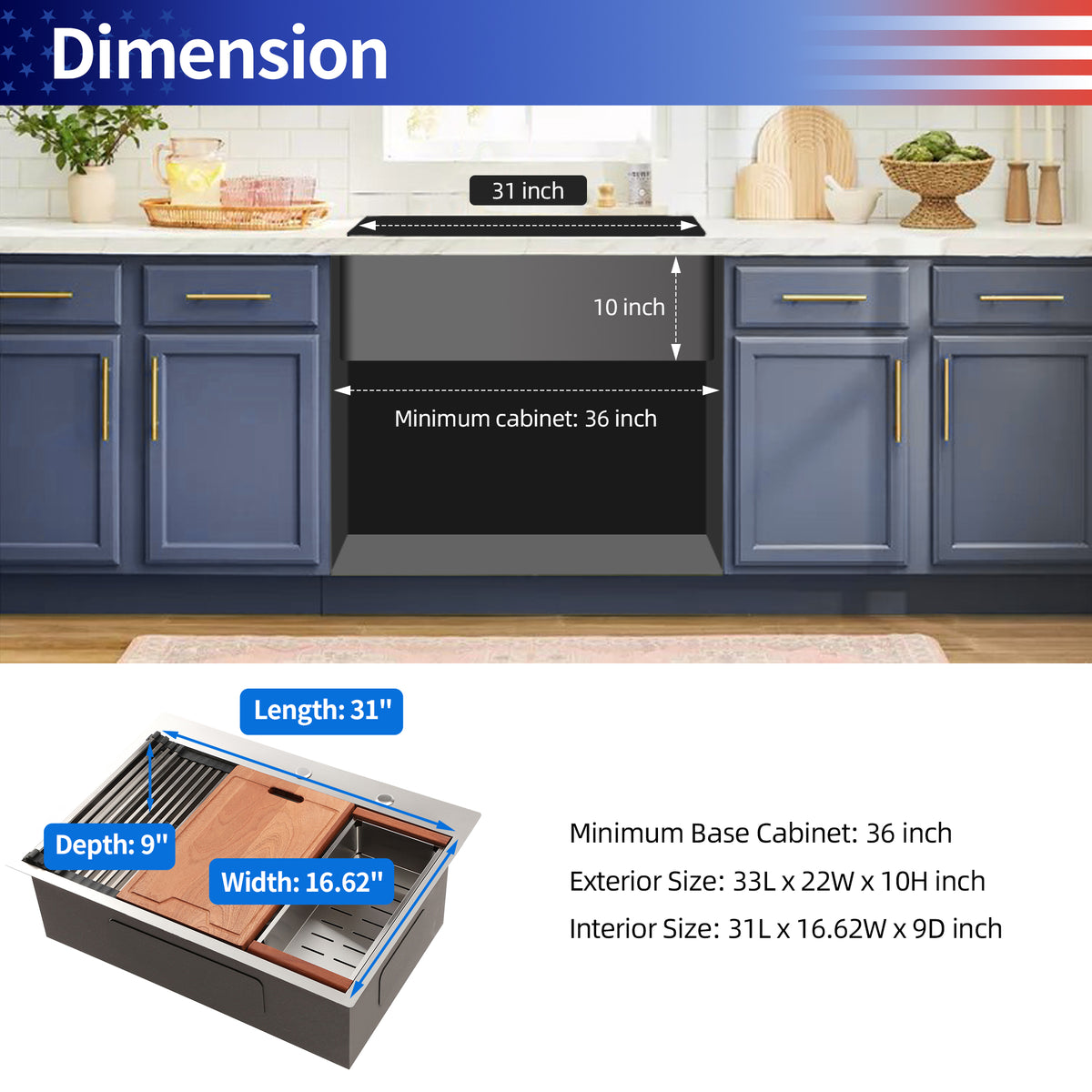 Drop-In Single Bowl Workstation Sink, Stainless Steel (SS19)