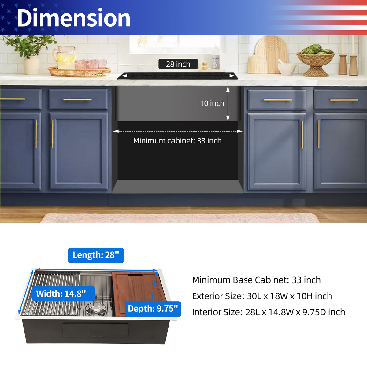 Undermount Single Bowl Workstation Sink, Stainless Steel (SS27)