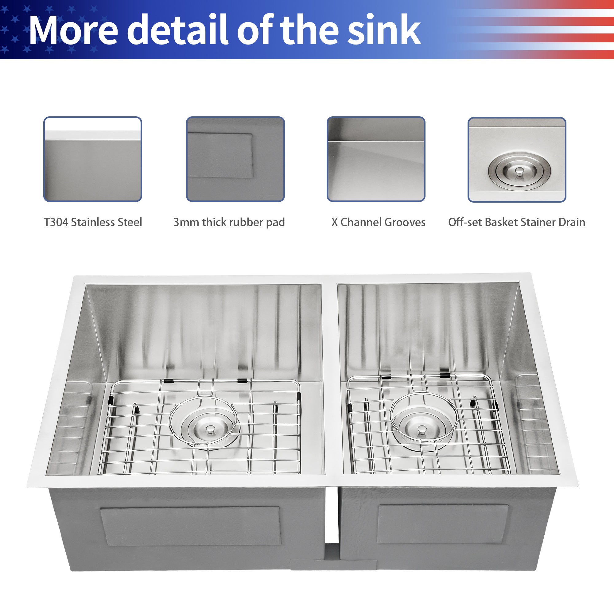 Undermount Double Bowl Kitchen Sink, Stainless Steel (SS30)