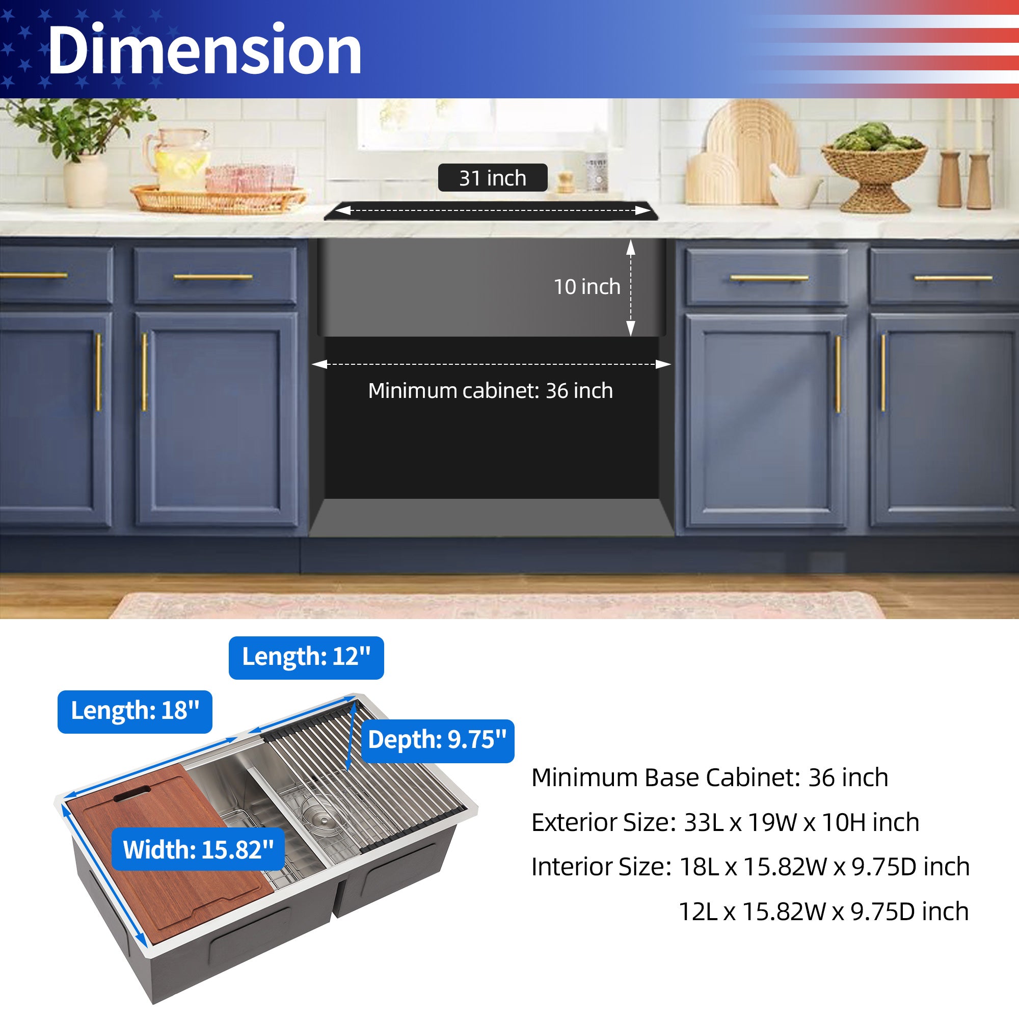 Undermount Double Bowl Workstation Sink, Stainless Steel (SS33)