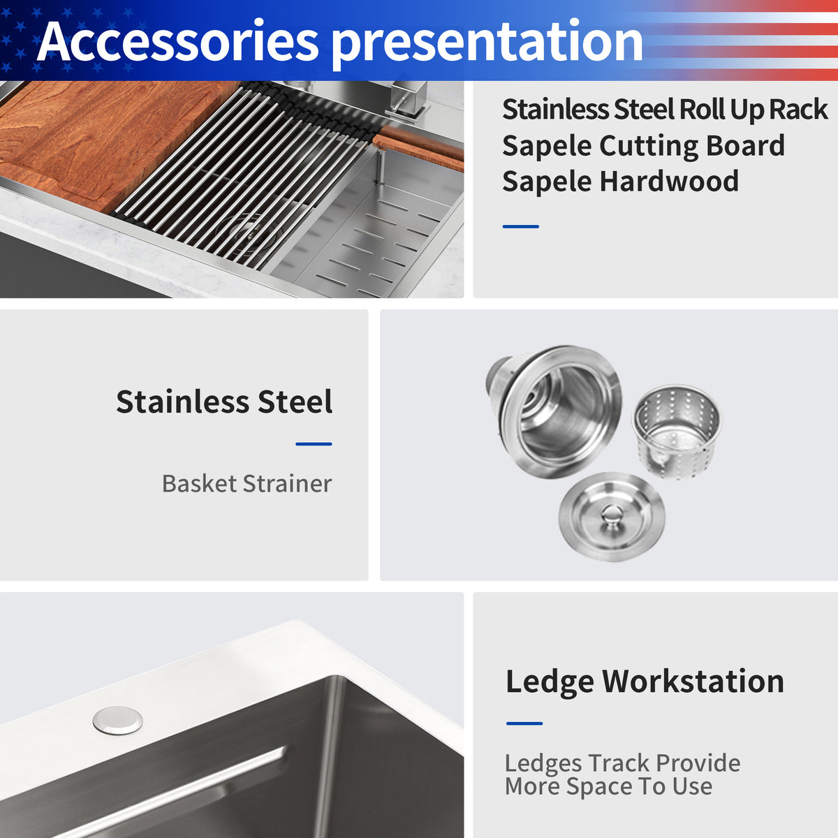 RAINLEX 33" x 22" Drop-In Workstation Kitchen Sink in Stainless Steel (SS34)