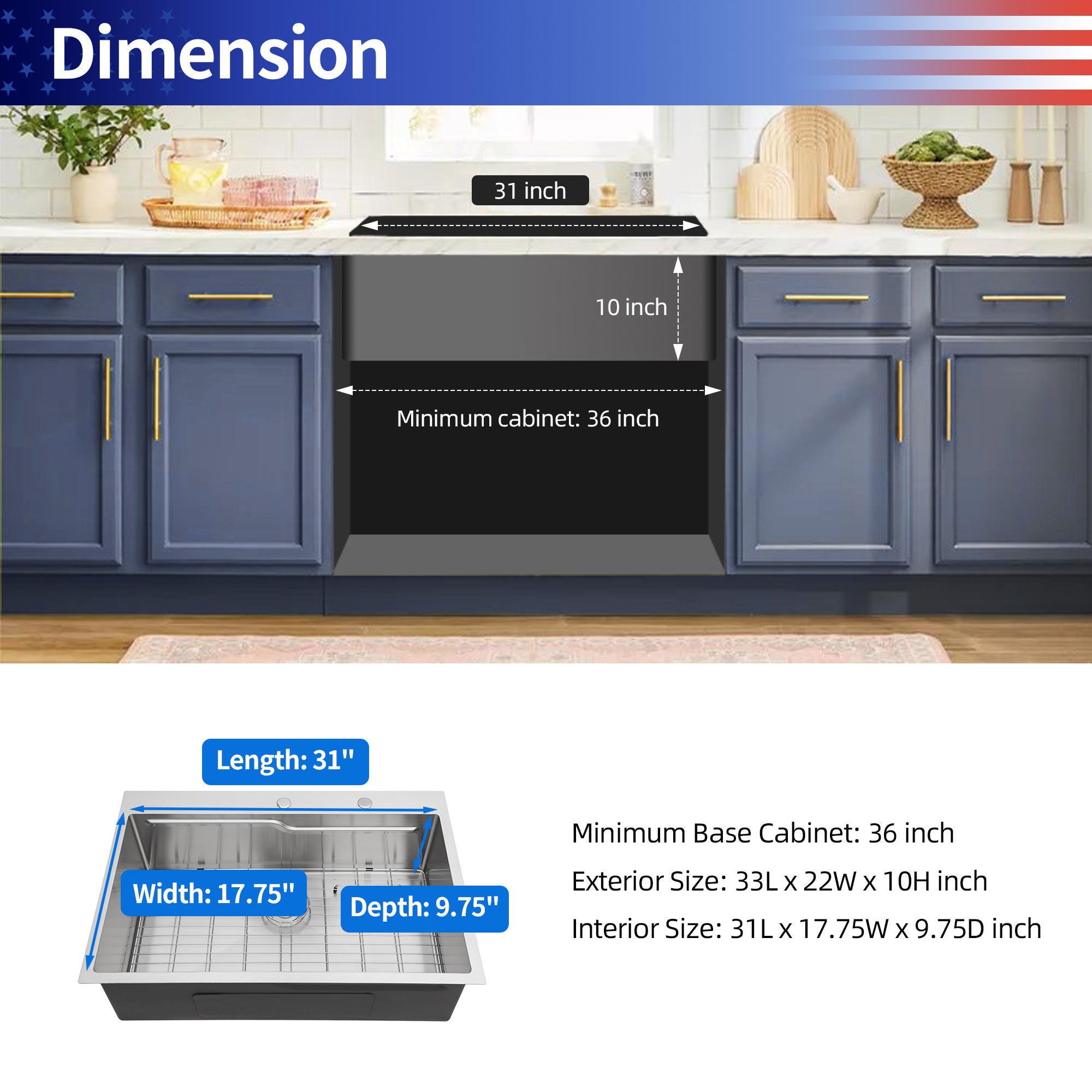 33" x 22" Drop-In Single Bowl Workstation Sink, Stainless Steel (SS34)