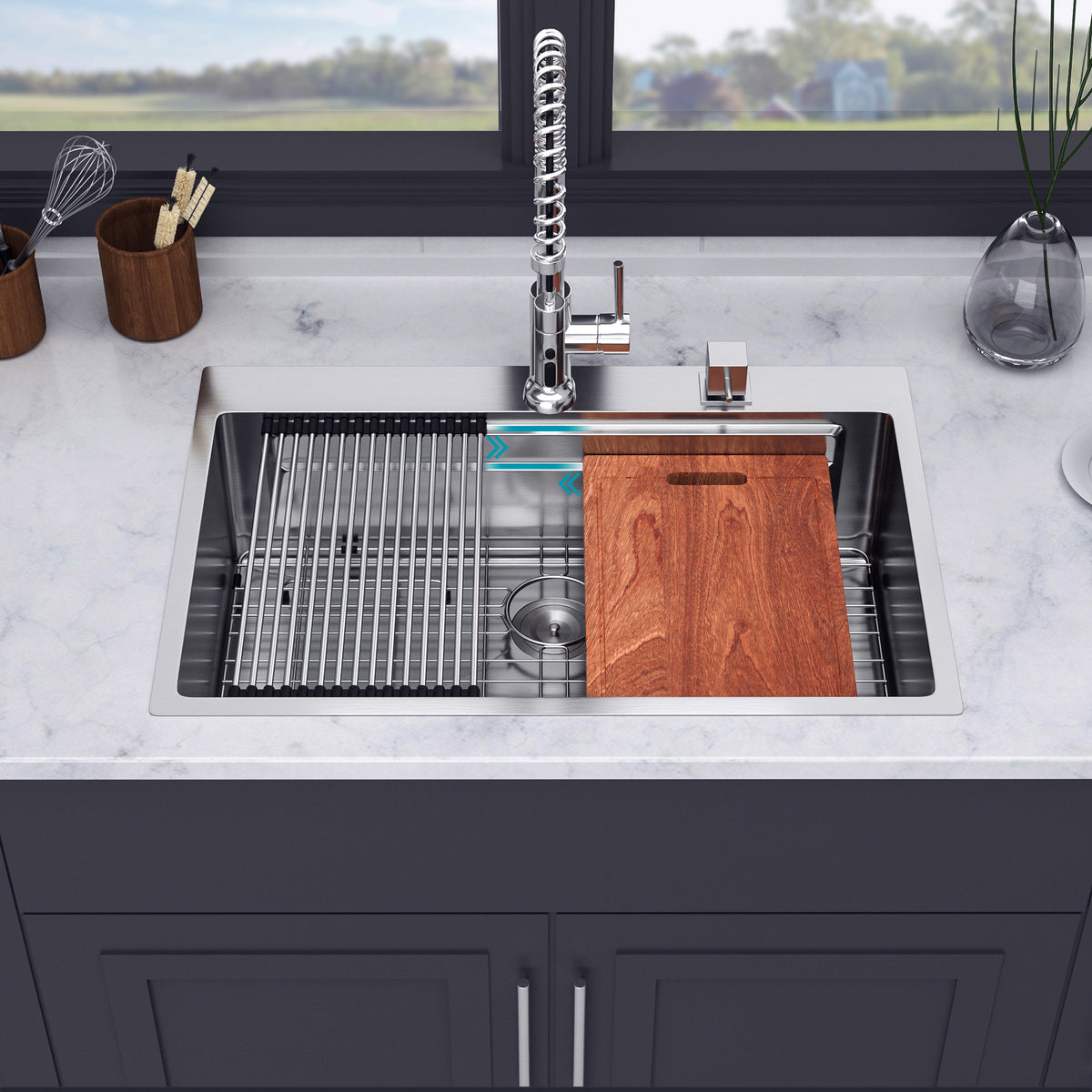 RAINLEX 33" x 22" Drop-In Workstation Kitchen Sink in Stainless Steel (SS35)