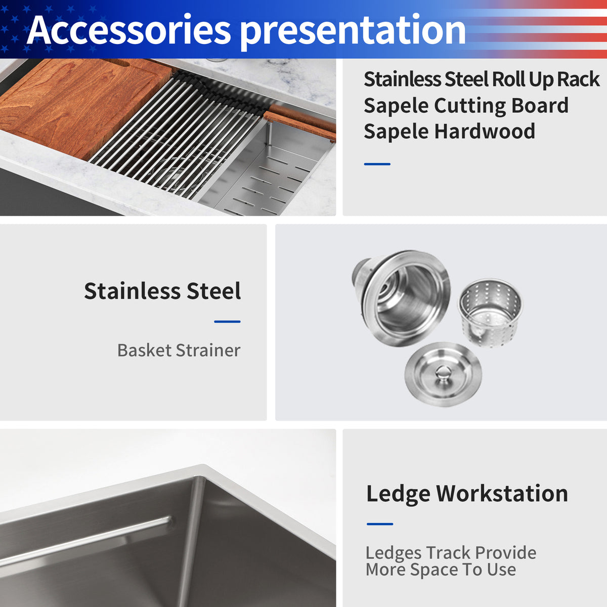 RAINLEX 33" x 19" Undermount Workstation Kitchen Sink in Stainless Steel (SS36)