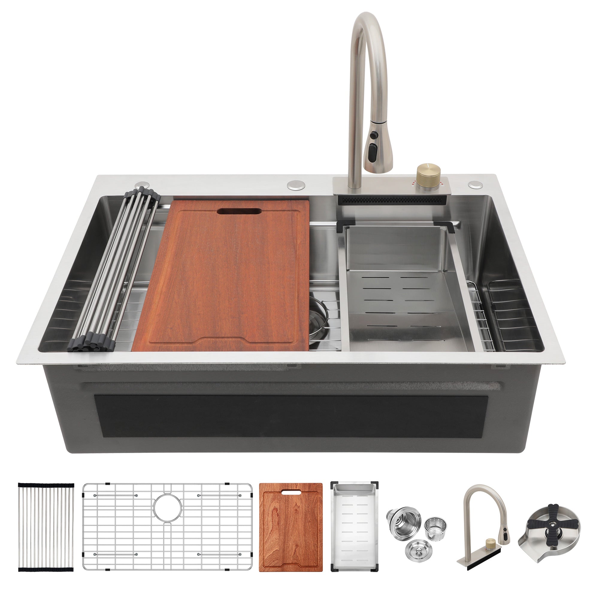 33" x 22" Drop-In Single Bowl Workstation Sink with Pull-Out Faucet and Cup Washer