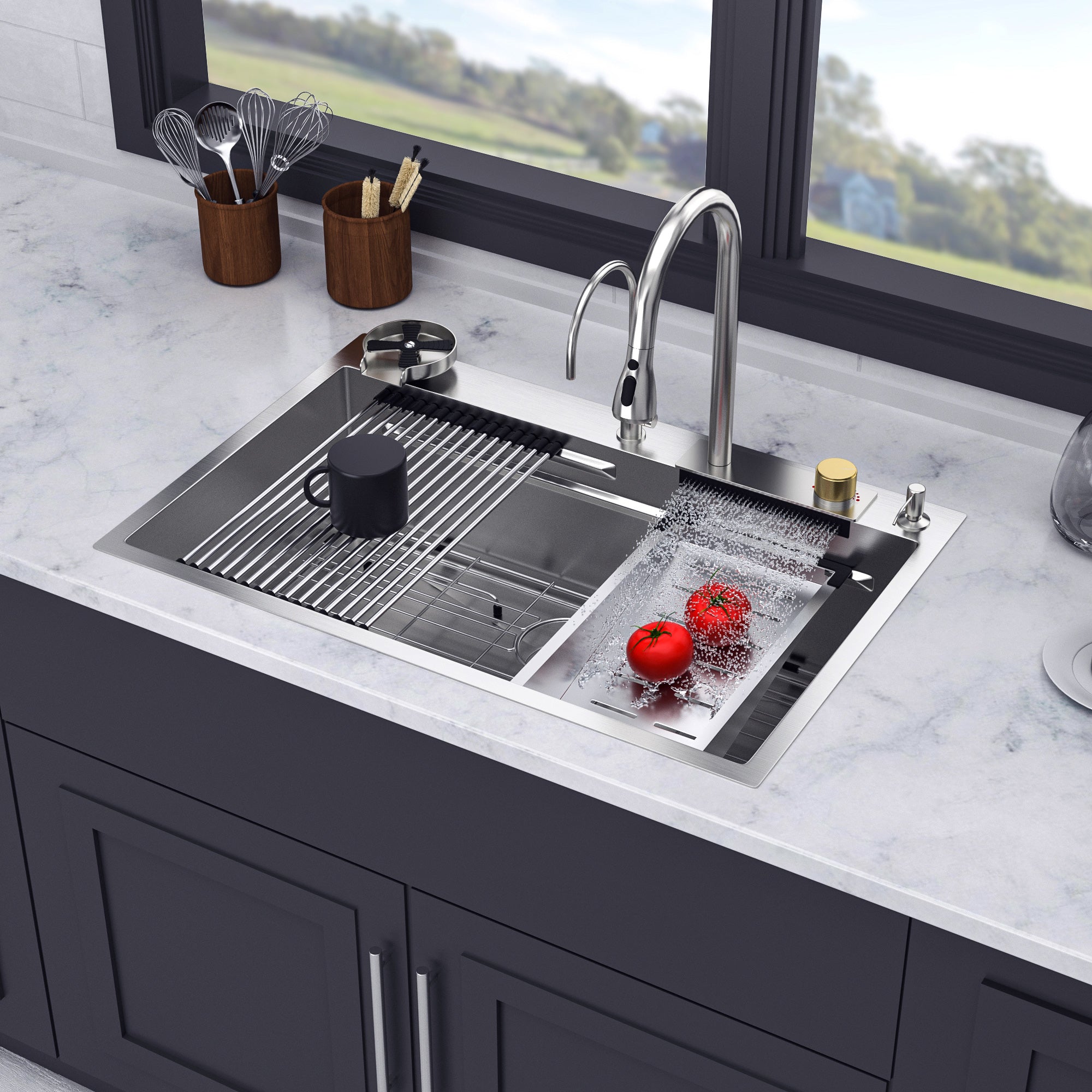 33" x 22" Drop-In Single Bowl Workstation Sink with Pull-Out Faucet and Cup Washer