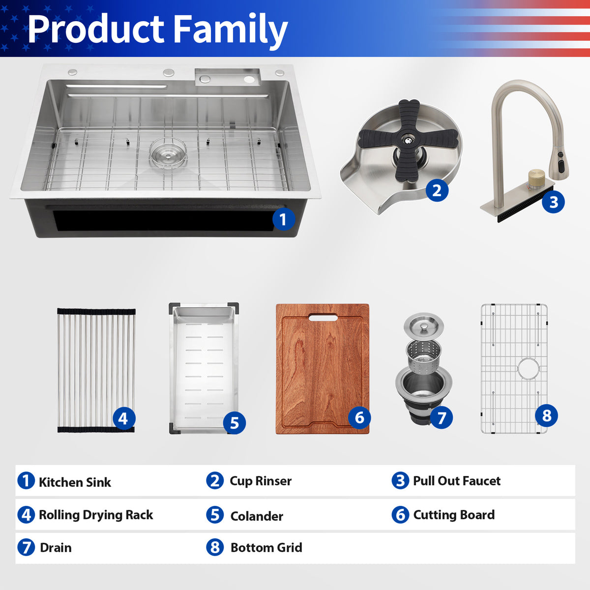 RAINLEX 33" x 22" Drop-In Workstation Kitchen Sink with Pull-Out Faucet