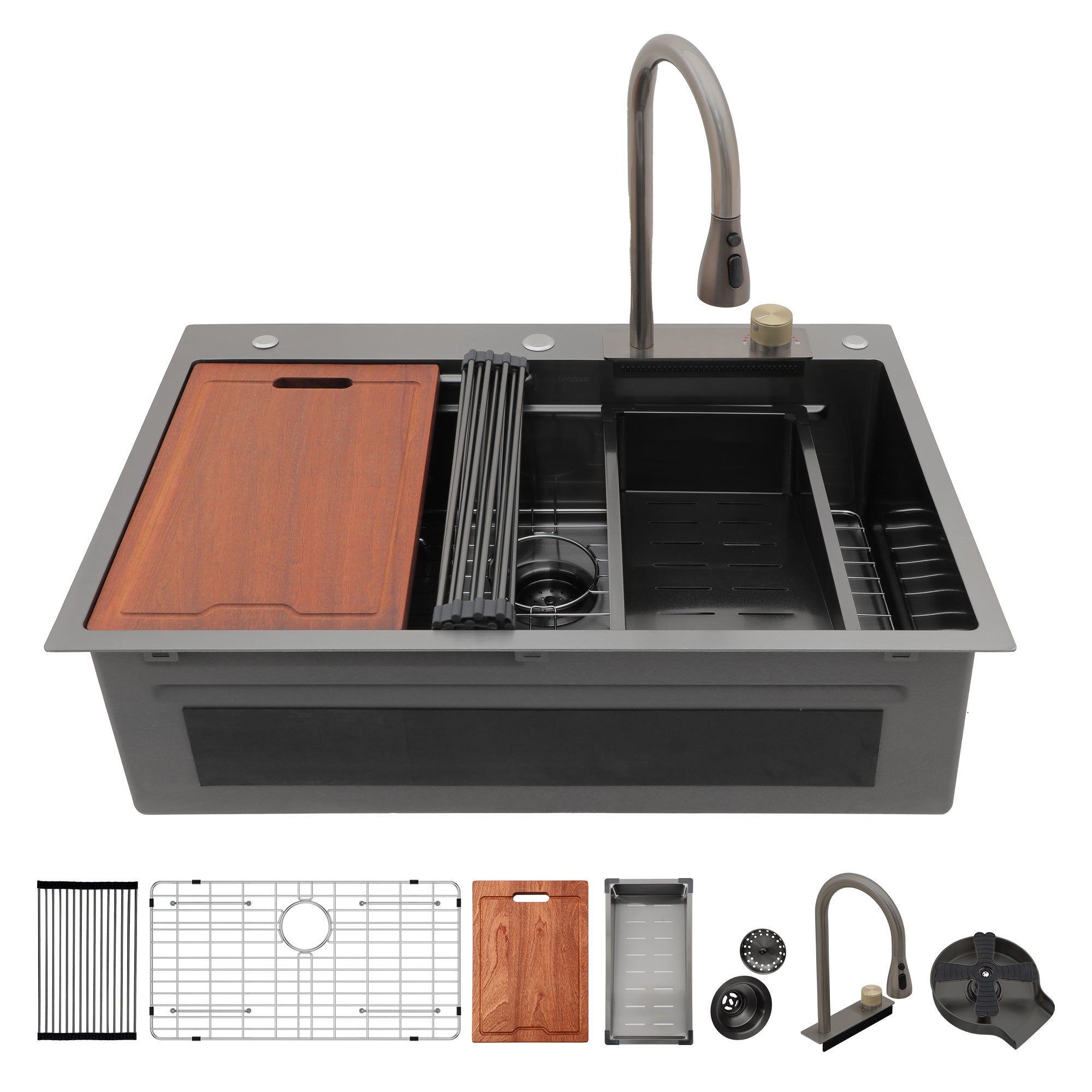 33" x 22" Drop-In Single Bowl Workstation Sink with Pull-Out Faucet and Cup Washer, Black