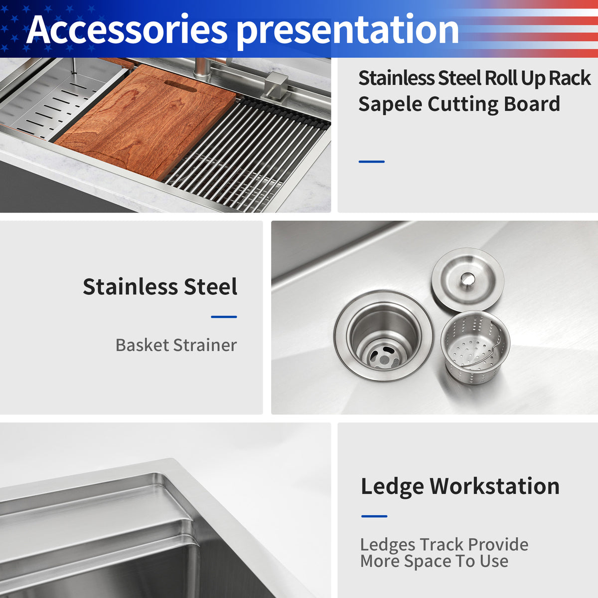 RAINLEX 33" x 22" Drop-In Workstation Kitchen Sink in Stainless Steel (SS41)