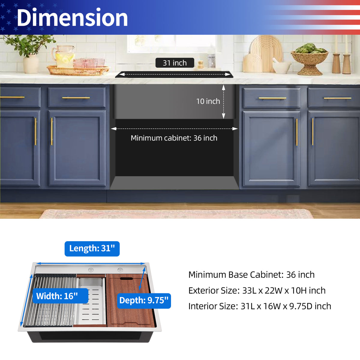 RAINLEX 33" x 22" Drop-In Workstation Kitchen Sink in Stainless Steel (SS41)