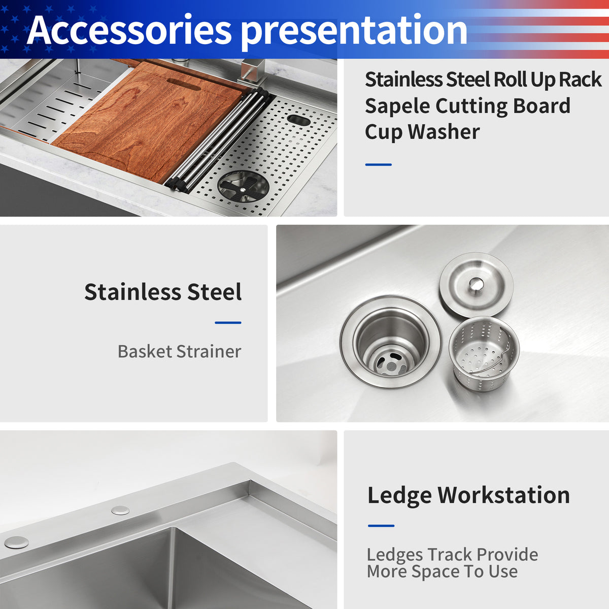 RAINLEX 33" x 22" Drop-In Workstation Kitchen Sink in Stainless Steel - RX-SS42-3322