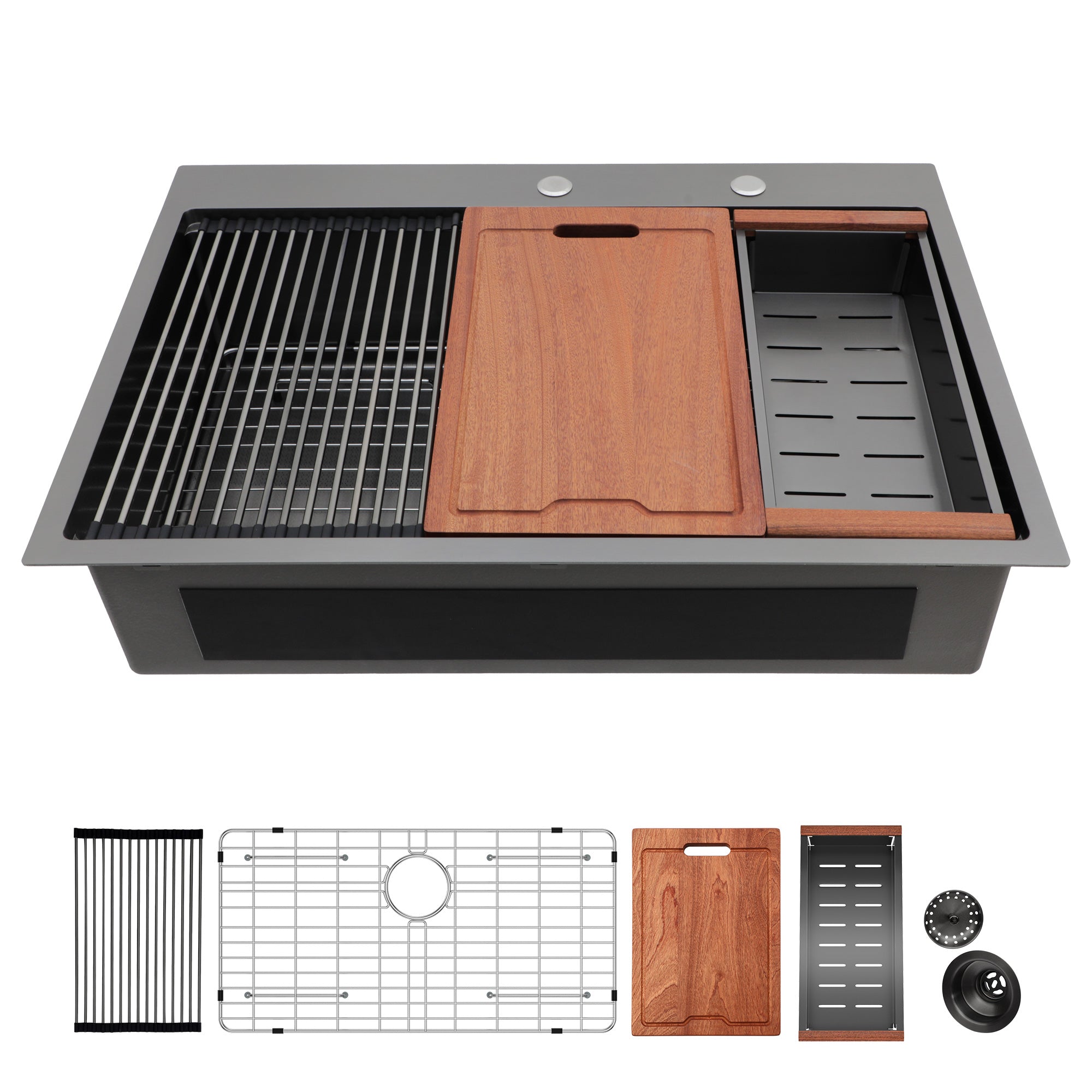 Drop-In Single Bowl Workstation Sink, Stainless Steel, Black