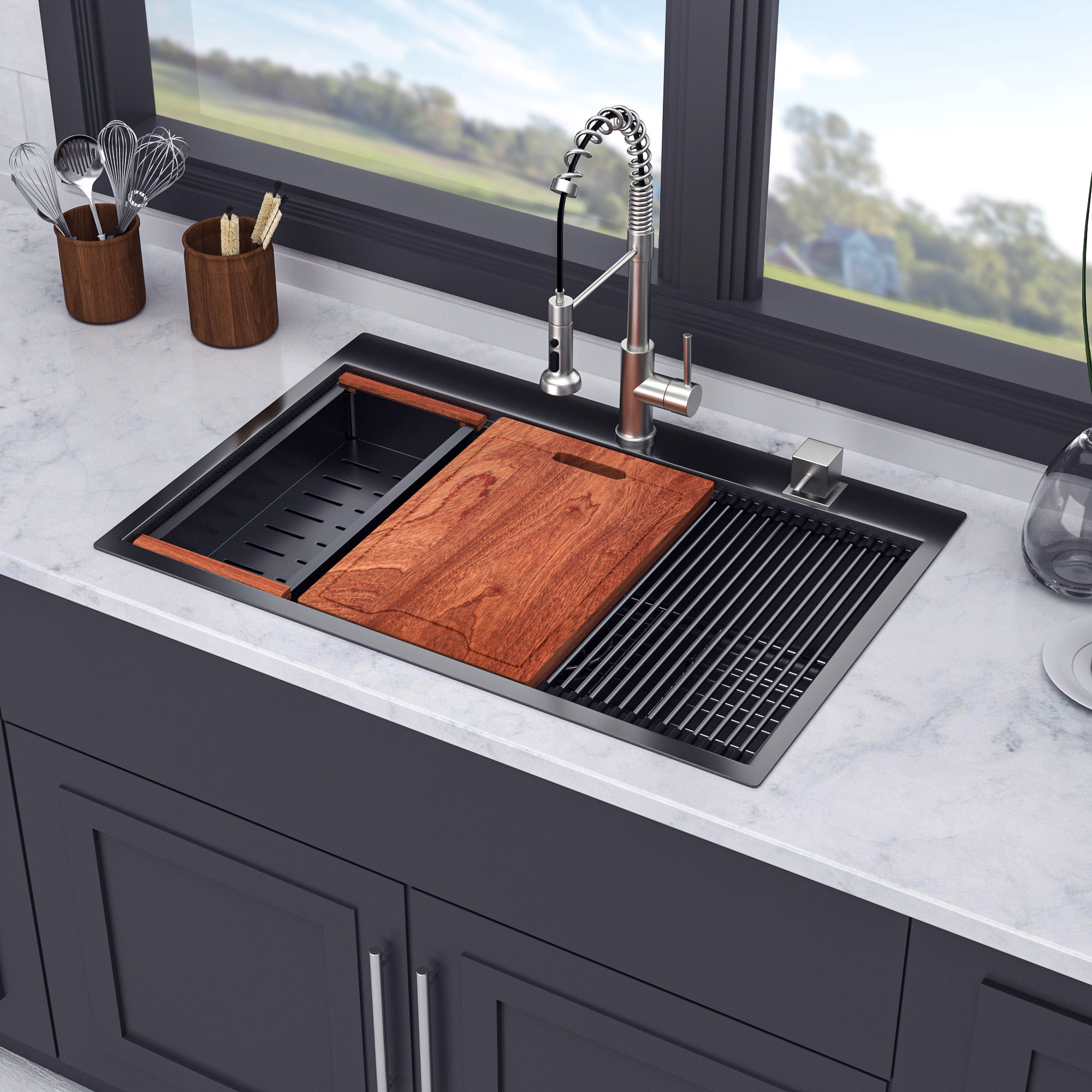 Drop-In Single Bowl Workstation Sink, Stainless Steel, Black