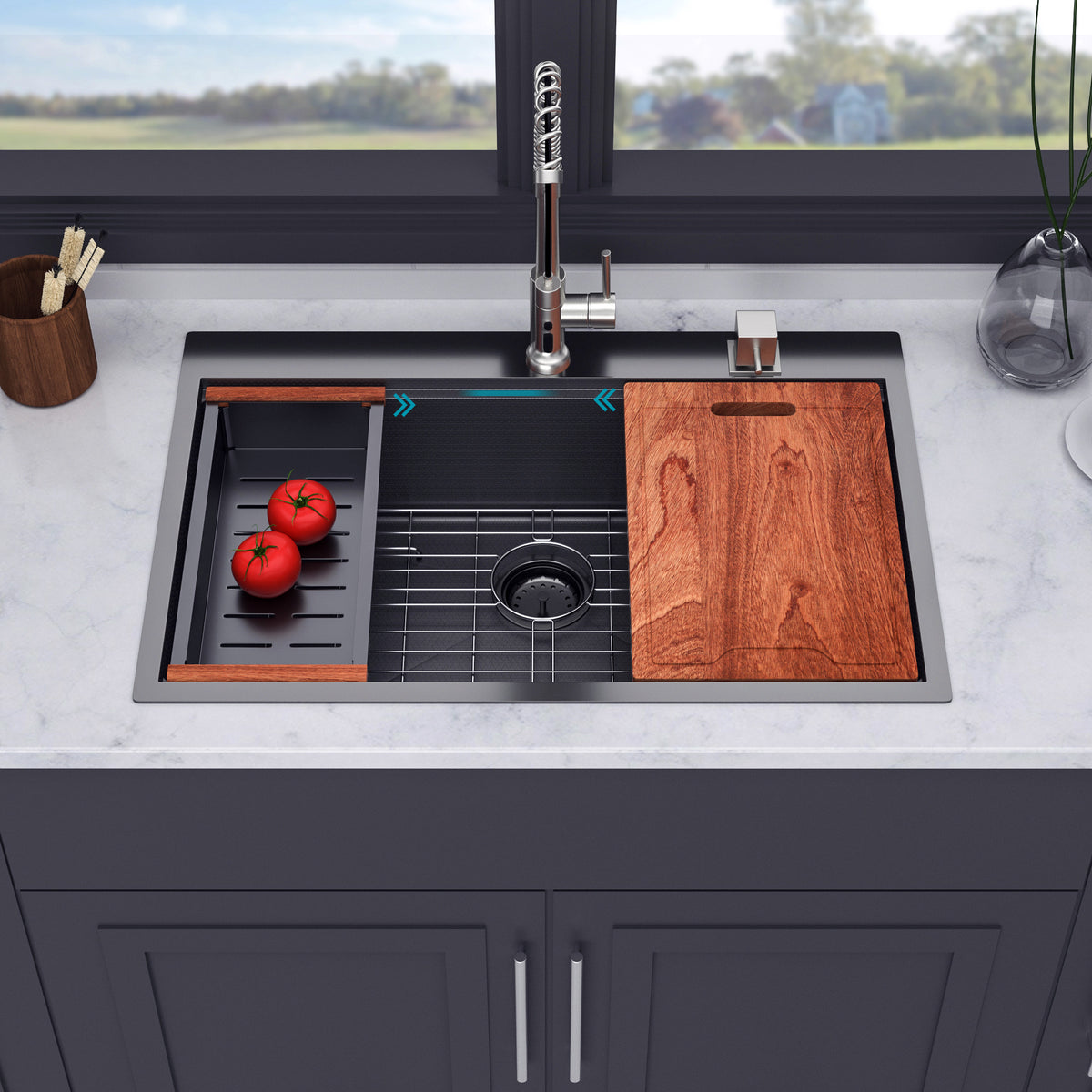 RAINLEX Drop-In Workstation Kitchen Sink in Black Stainless Steel