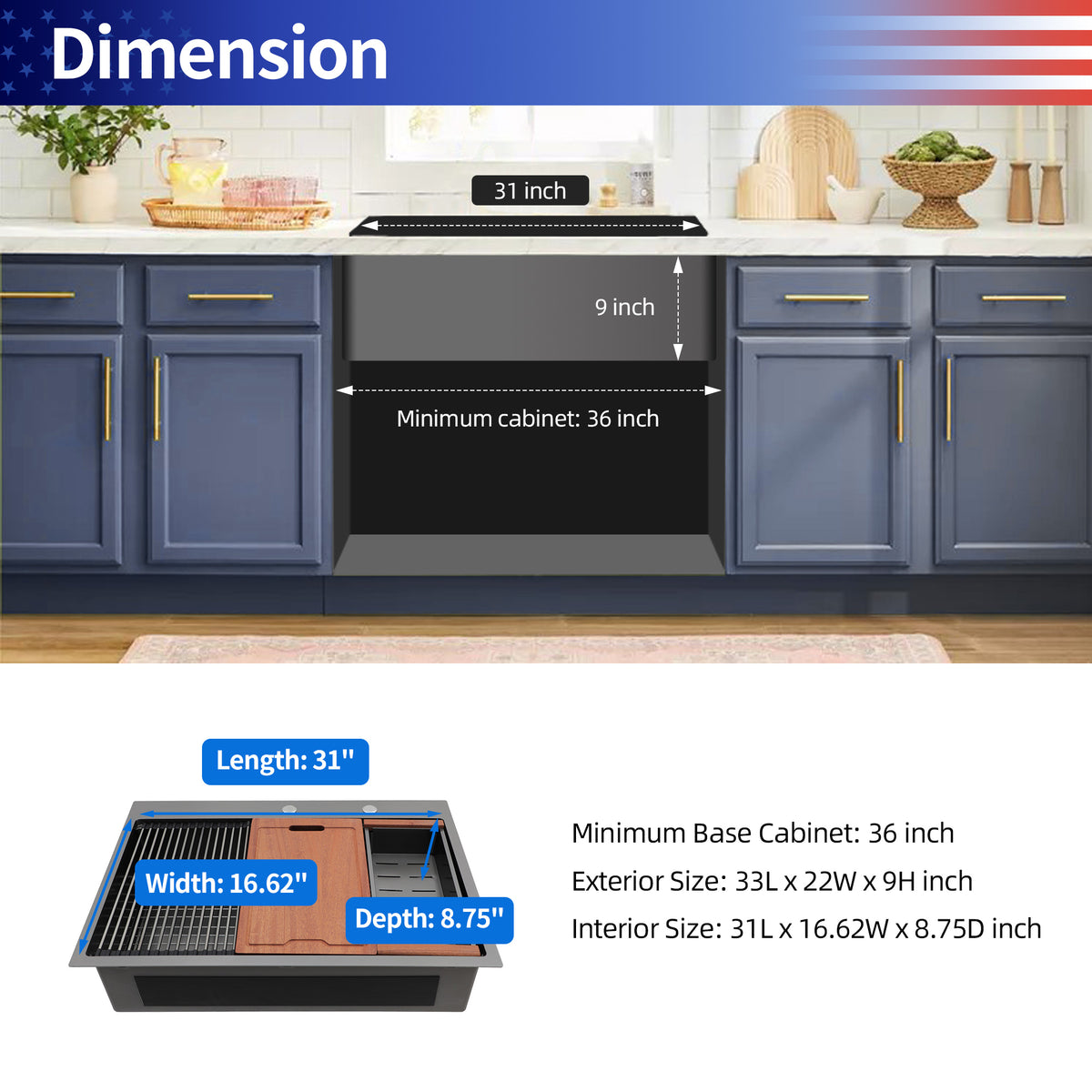 RAINLEX Drop-In Workstation Kitchen Sink in Black Stainless Steel