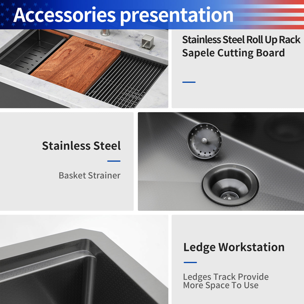 RAINLEX 33" x 19" Undermount Workstation Kitchen Sink in Black Stainless Steel
