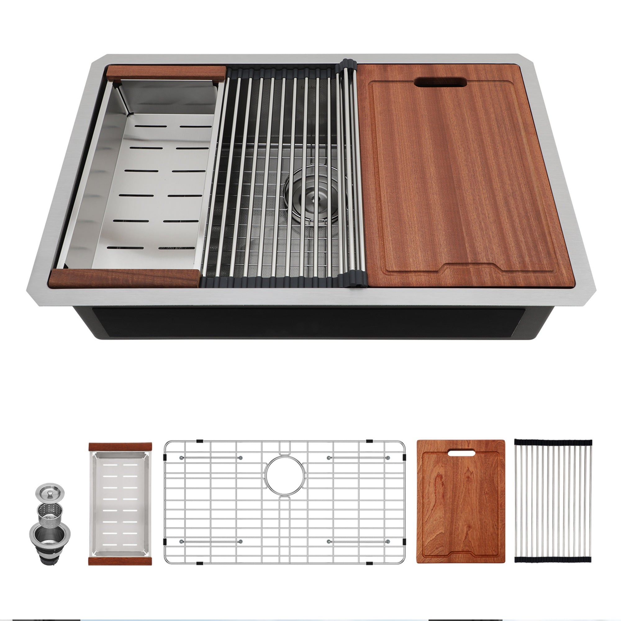 30" Undermount Single Bowl Workstation Sink, 16 Gauge Stainless Steel