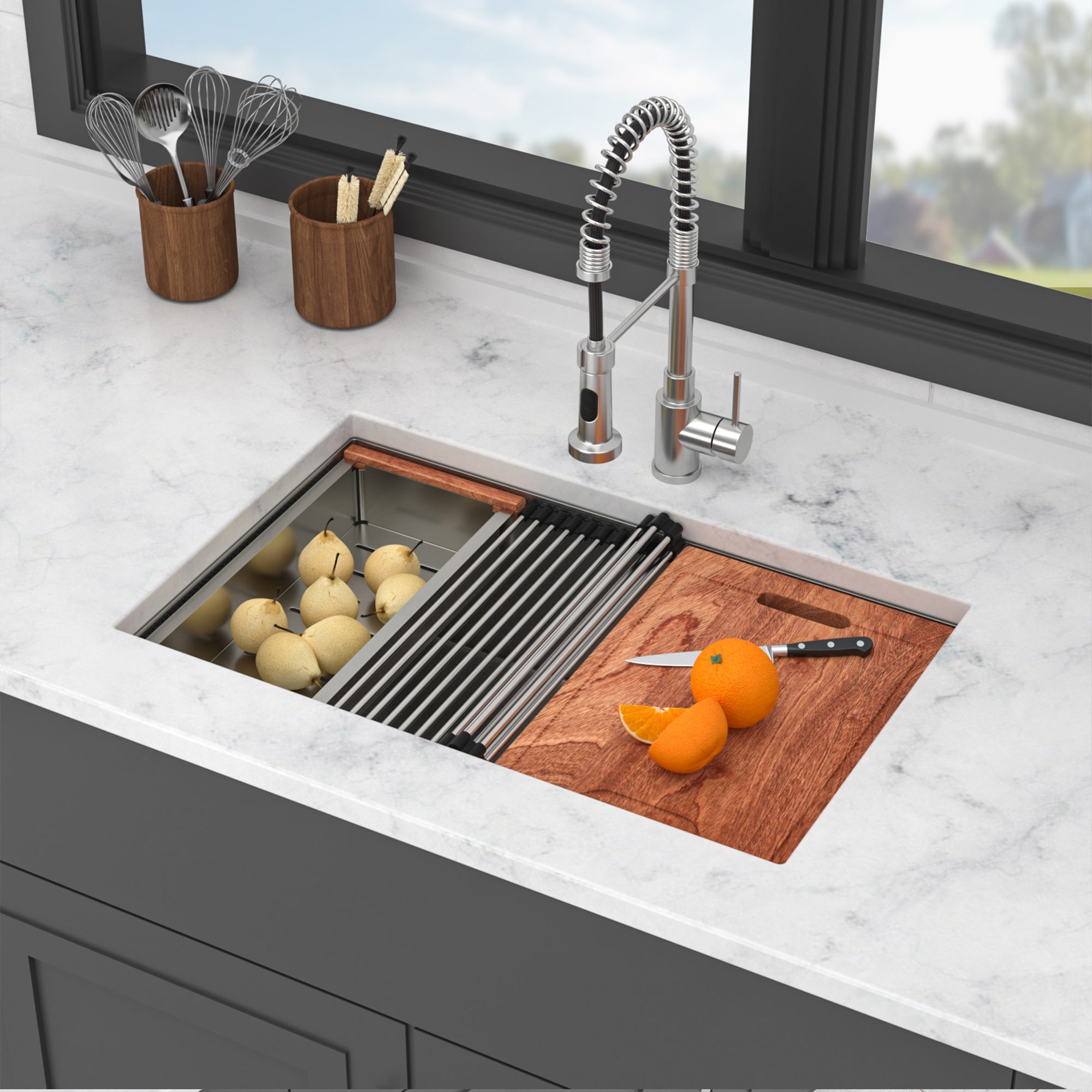 30" Undermount Single Bowl Workstation Sink, 16 Gauge Stainless Steel