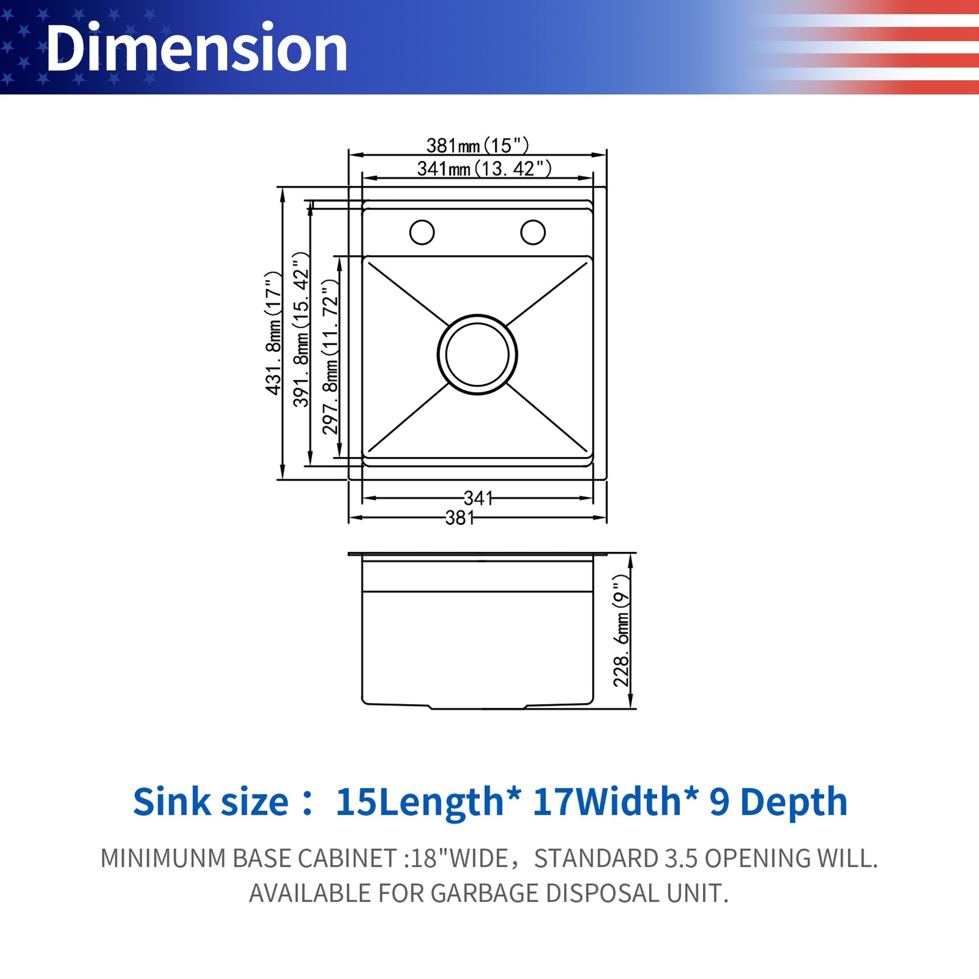 15" Undermount Bar/Prep Sink with Folding Faucet, 16 Gauge Stainless Steel