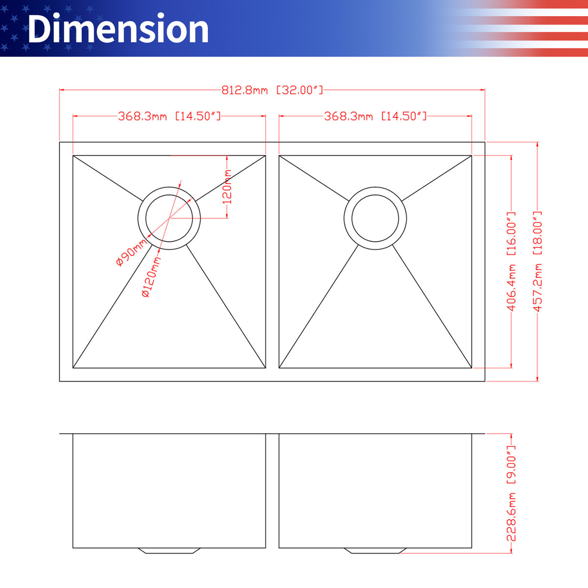 32" Undermount Double Bowl Kitchen Sink, 16 Gauge Stainless Steel, 50/50