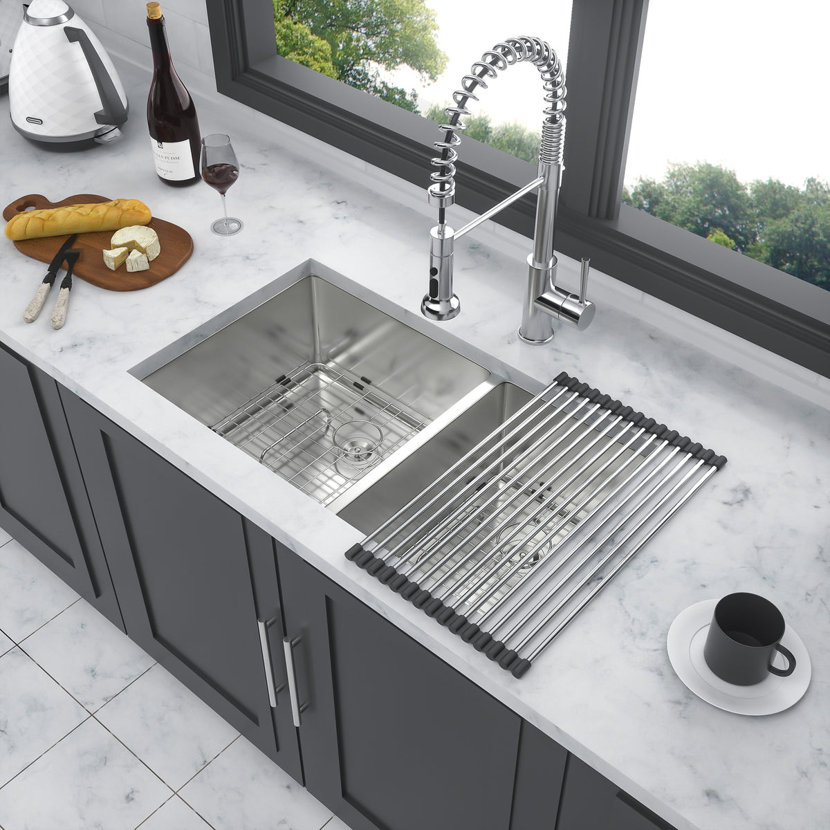 32" Undermount Double Bowl Kitchen Sink, 16 Gauge Stainless Steel, 50/50