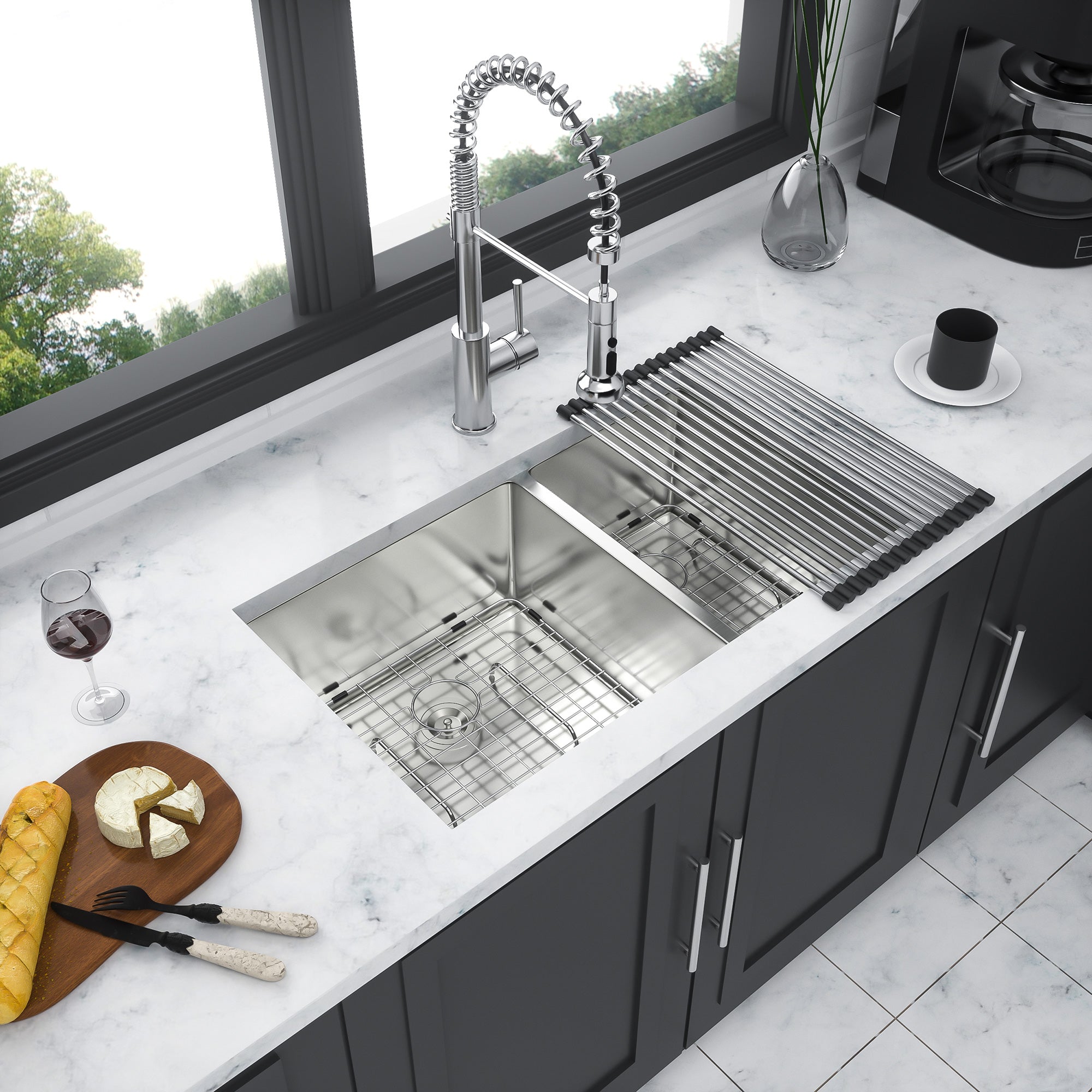32" Undermount Double Bowl Kitchen Sink, 16 Gauge Stainless Steel, 50/50