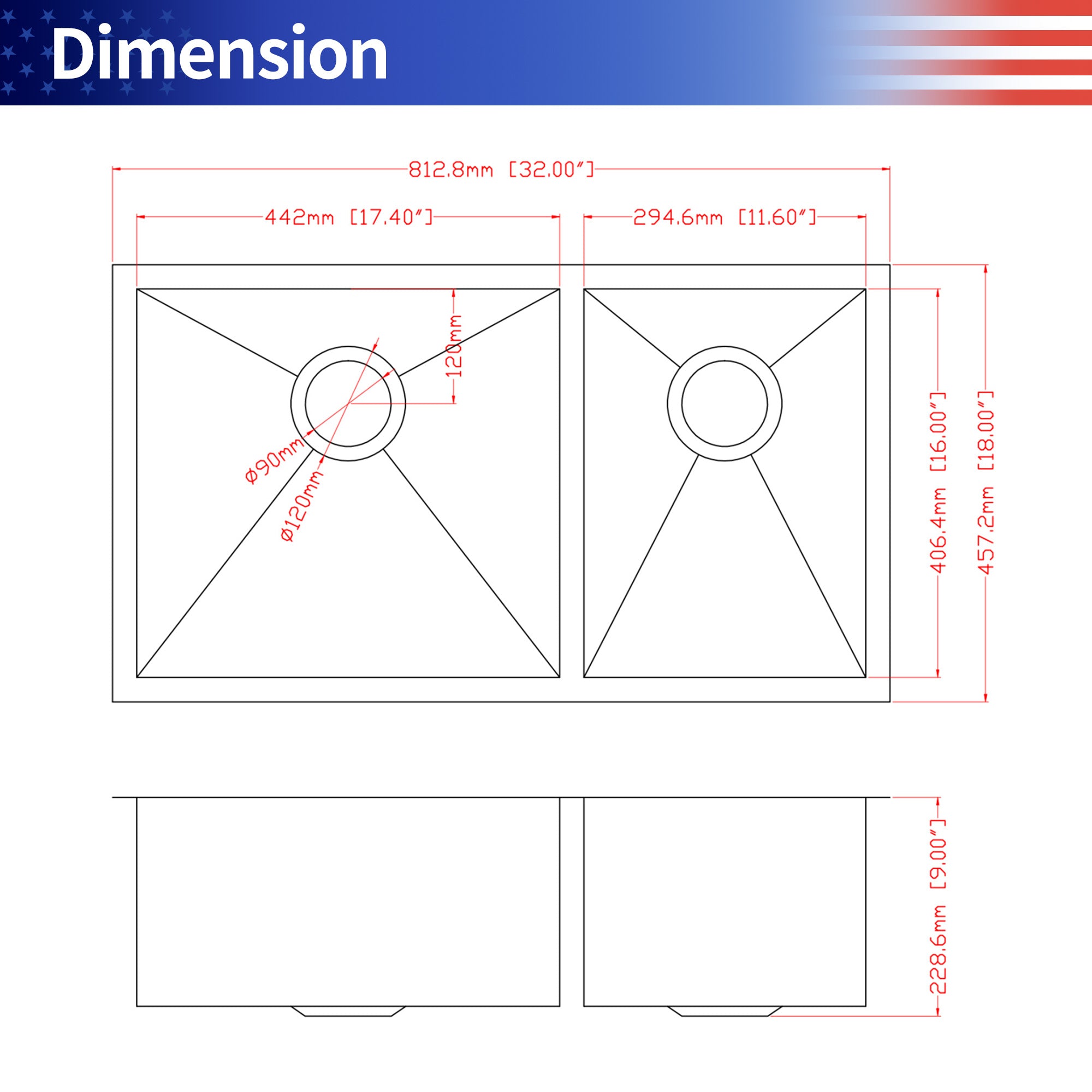 32" Undermount Double Bowl Kitchen Sink, 16 Gauge Stainless Steel, 50/50