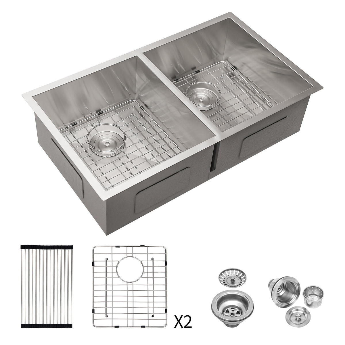 32" Undermount Double Bowl Kitchen Sink, 16 Gauge Stainless Steel, 50/50